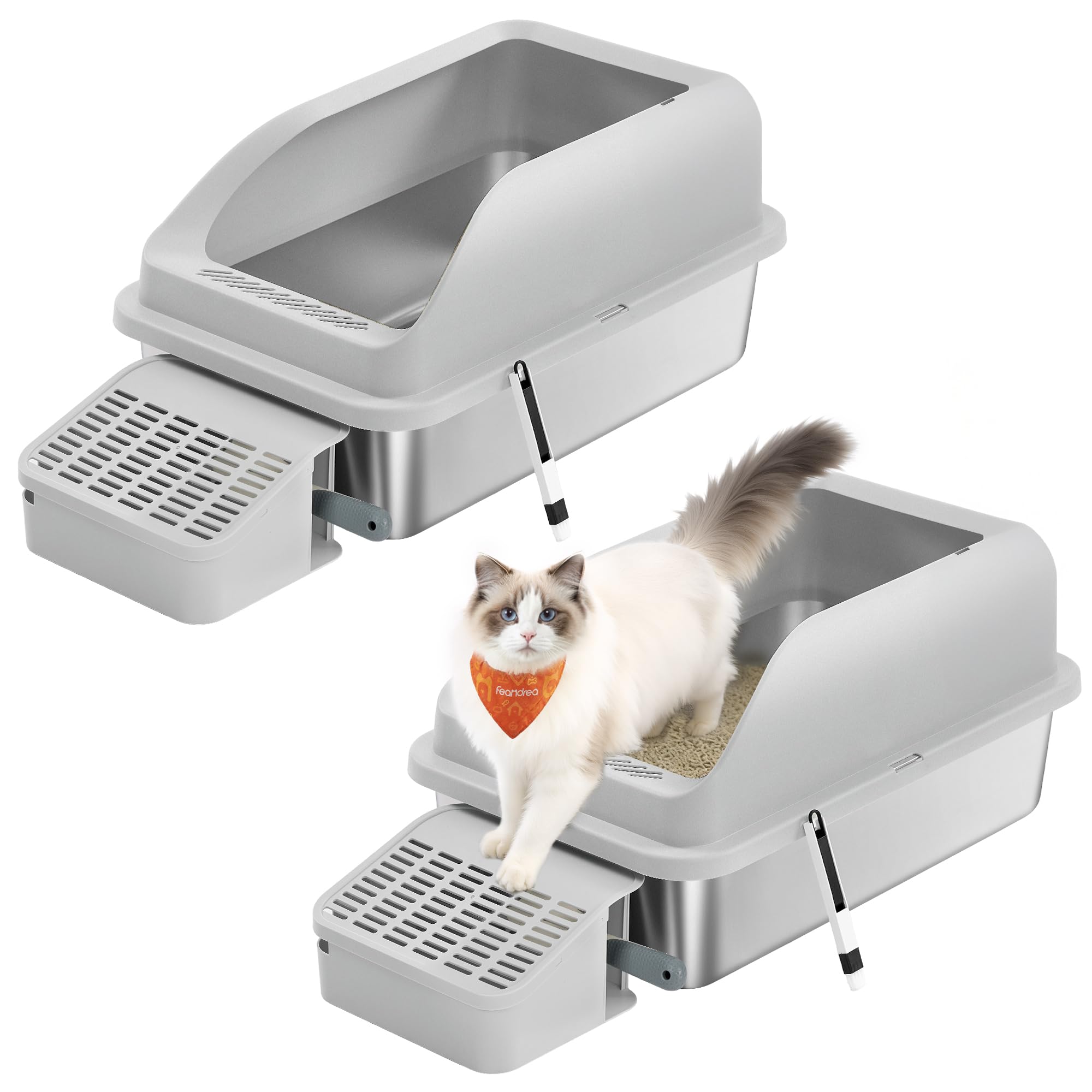 Feandrea 2 Pack Stainless Steel Cat Litter Boxes with Open Top, High Sided Litter Trays with Step, Scoop, Brush, for Cats up to 