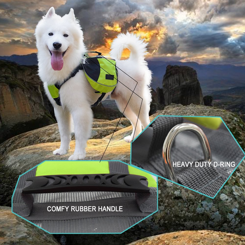 Lifeunion Polyester Dog Saddlebags Pack Hound Travel Camping Hiking Backpack Saddle Bag For Small Medium Large Dogs (Neon Green,L)
