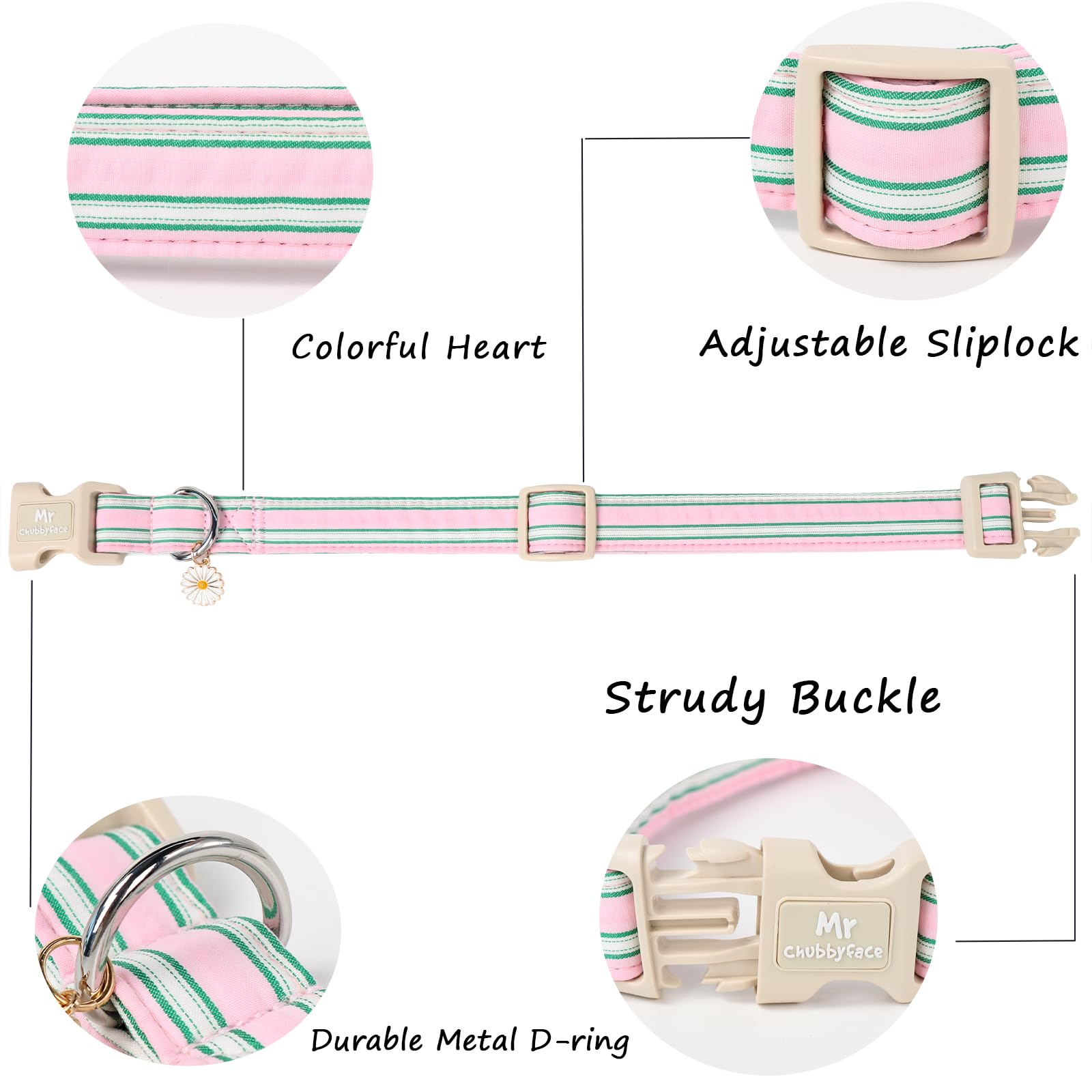 Mr.Chubbyface Cotton Dog Collar, Cute Pink Summer Puppy Collar With Plastic Buckle, Adjustable Soft Natural Fabric Pet Collar Fo