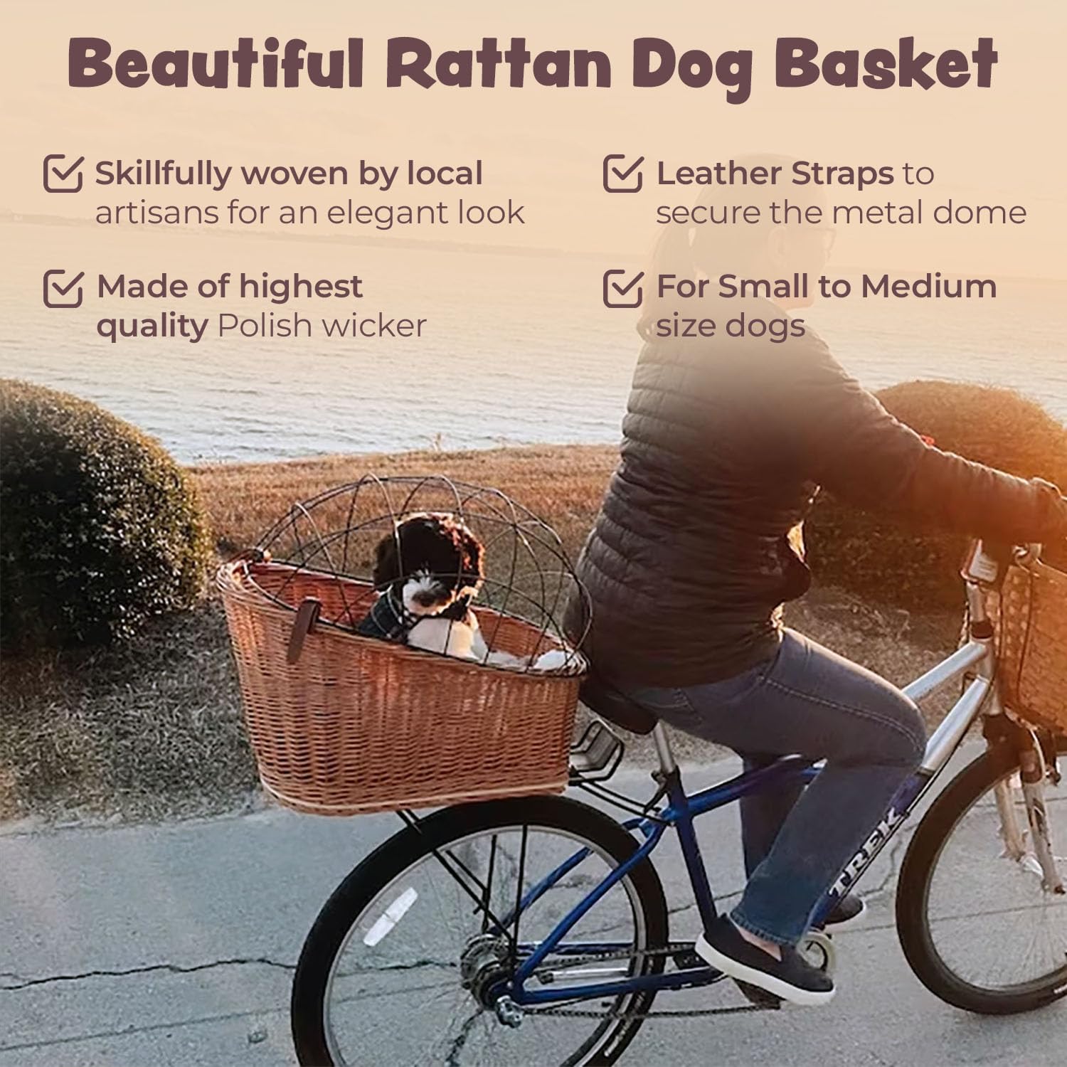 Wiklibox Natural Wicker Dog Bike Basket - 100% Organic Rattan Pet Carrier With Protective Grille - Eco Friendly Design - Soft Co