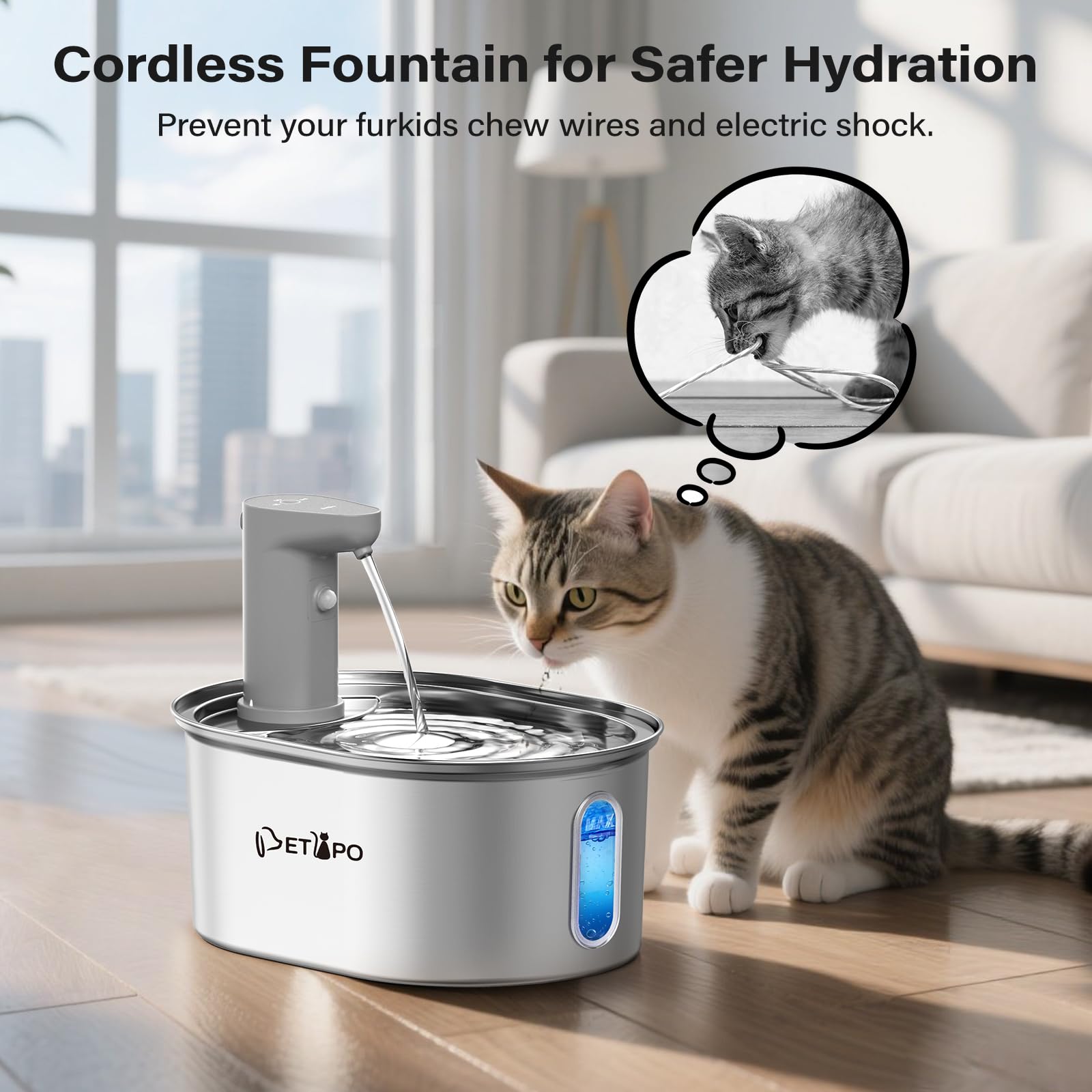 Wireless Cat Water Fountain, 3.2L/108Oz Stainless Steel Pet Water Fountain, Rechargeable Battery Operated Cat Fountain With Moti