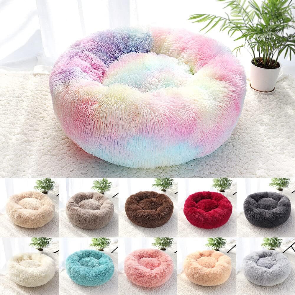 Cat Beds For Indoor Cats - Cat Bed Washable 20/24 Inches, Dog Beds For Small Medium Dogs, Anti Anxiety Round Fluffy Plush Faux Fur Cat Bed, Thick Bottom (Rainbow, Medium)