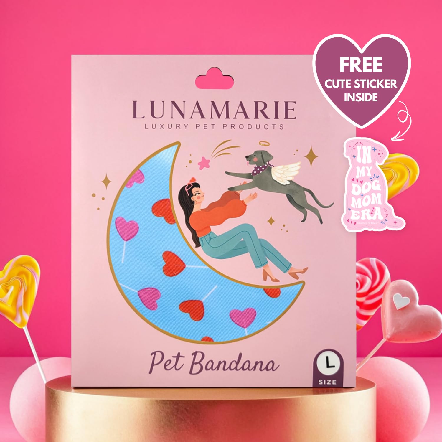 LunaMarie - Luxury Pet Birthday Bandanas -Premium & Silky Poly Fabric | 100% Handmade | Custom Shape Dual Layered (LoviePop, Med