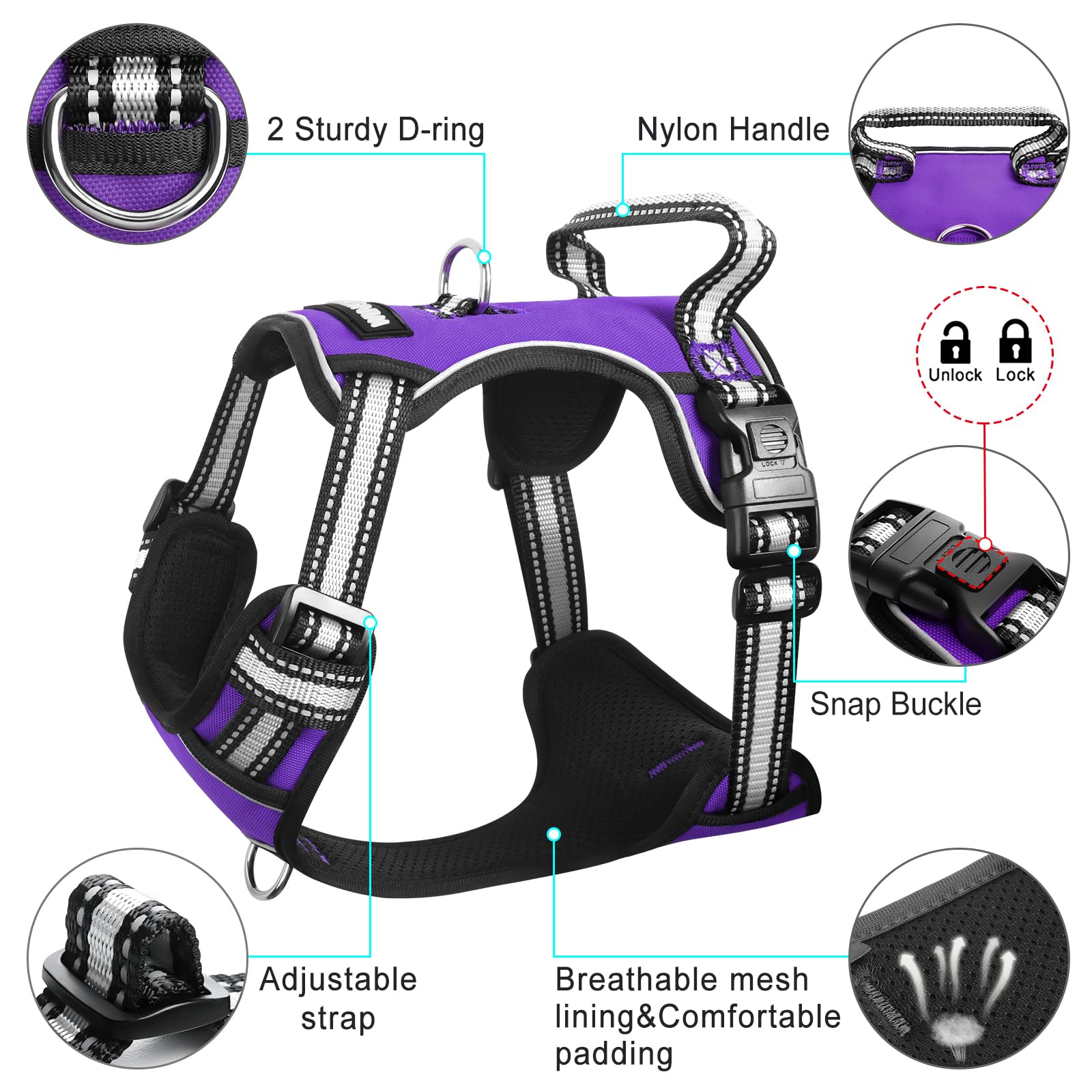 Winsee Dog Harness No Pull, Pet Harnesses With Dog Collar, Adjustable Reflective Oxford Outdoor Vest, Front/Back Leash Clips For