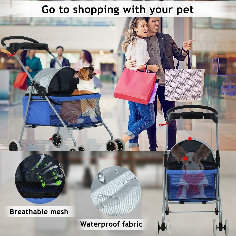 Hhs Pet Stroller, 4-Wheel Dog & Cat Stroller, Folding Carrier With Cup Holders, Waterproof, 35Lbs Capacity, Blue