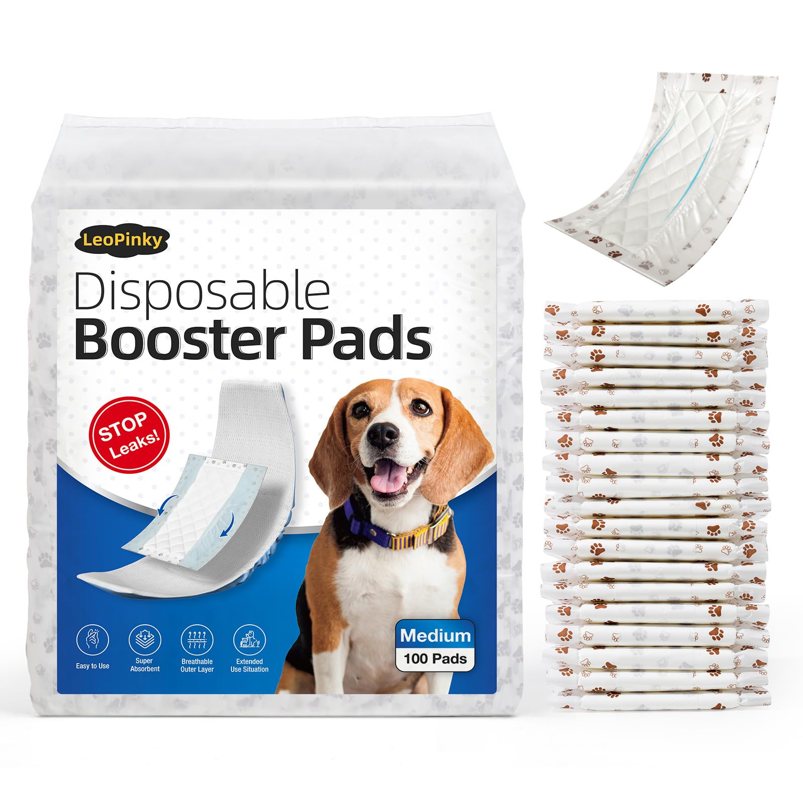 Leopinky Disposable Dog Diaper Booster Pads M - 100 Count, Dog Diaper Liners For Male And Female Dogs, Inserts Fit Most Puppy Di