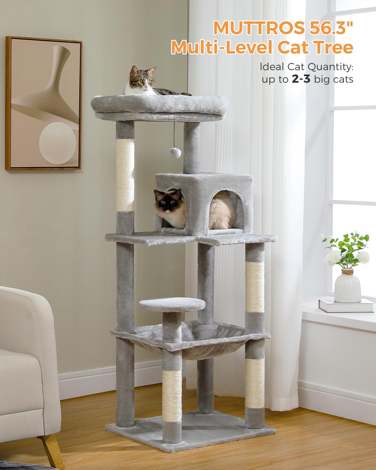 Muttros Cat Tree For Large Cats Adult With Metal Plush Big Hammock, 56.3'' Cat Tower With 2 Door Condo House, 6-Tier Cat Shelves