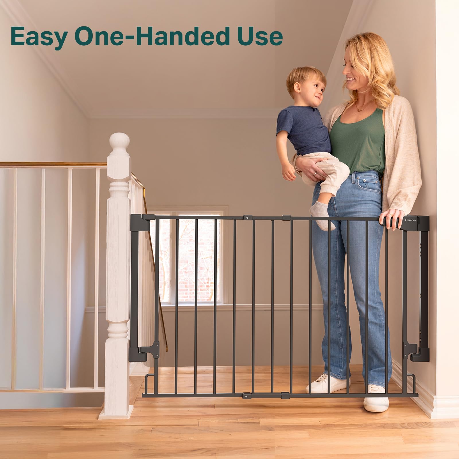 Cumbor 29.2-43 Baby Gate for Stairs, Wall-Mounted (Drill Required), Expandable No Bottom Bar Dog Gate, Auto Close Extra Wide Wal
