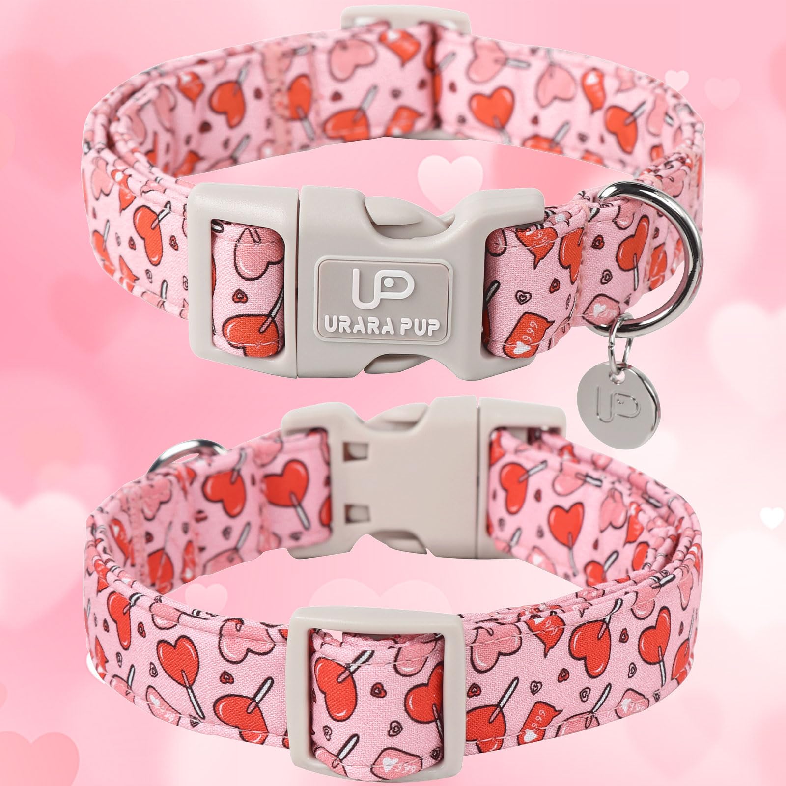 Up Urara Pup Pink Heart Dog Collar, Valentine'S Gift For Puppy, Wedding Collar, S Size, Cotton, All Breeds