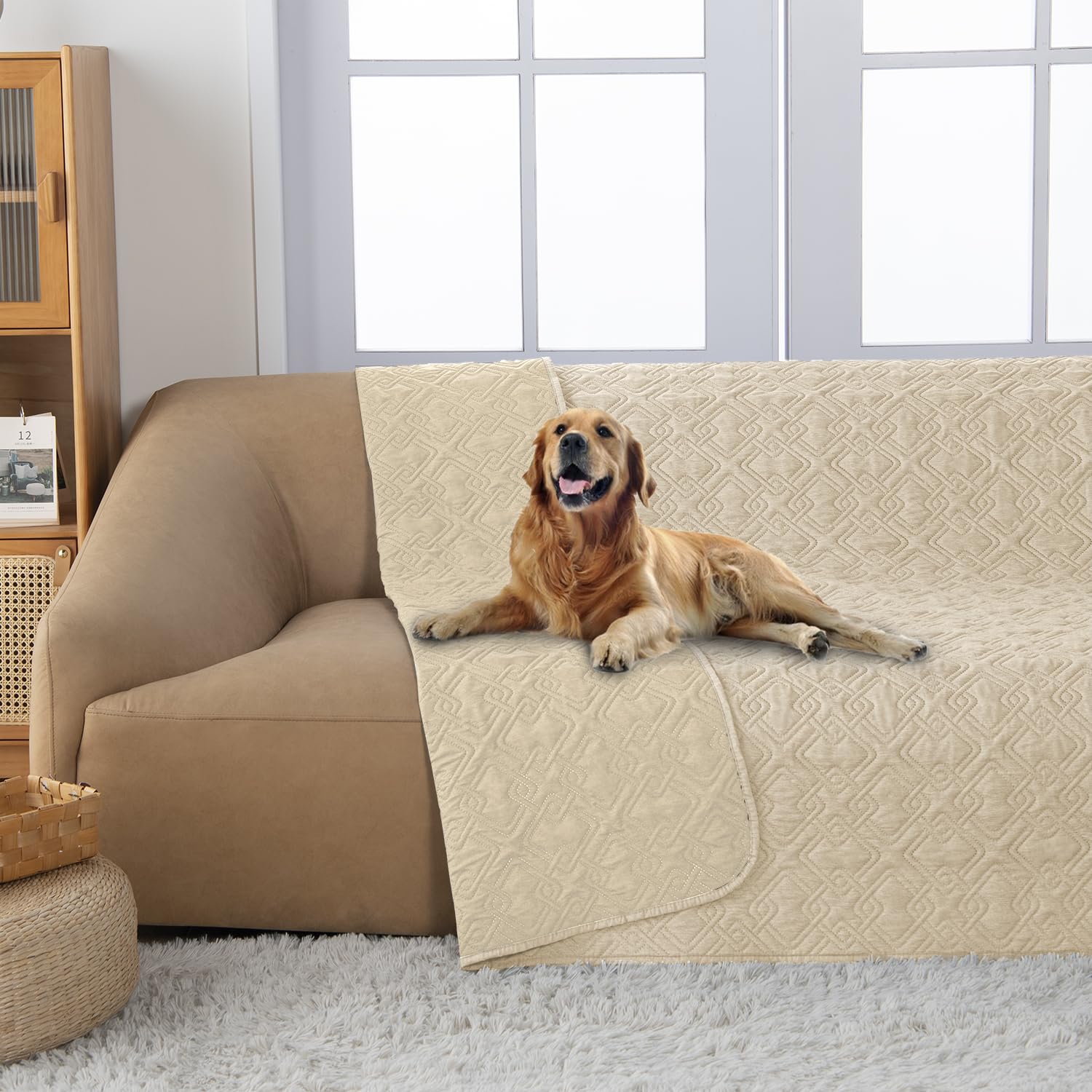 Fuguitex Waterproof Dog Bed Cover Dog Blanket For Pet Furniture Bed Couch Sofa Reversible Linen Texture(52''*82'',Wheat+Wheat)