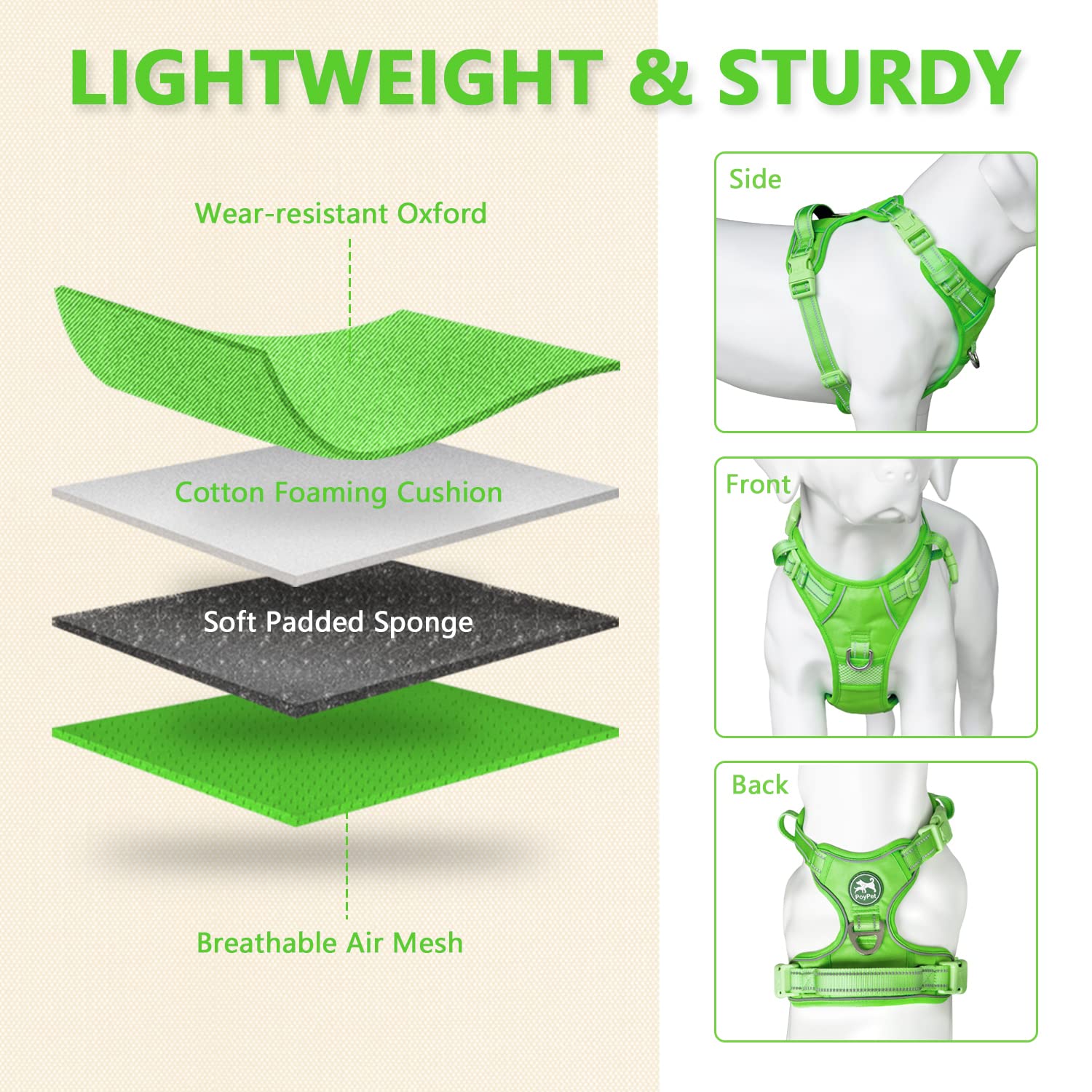 Poypet No Pull Dog Harness, No Choke Reflective Dog Vest, Adjustable Pet Harnesses With 2 Leash Attachments With Easy Control Padded Handle For Small Medium Large Dogs(Green Matching Trim,S)