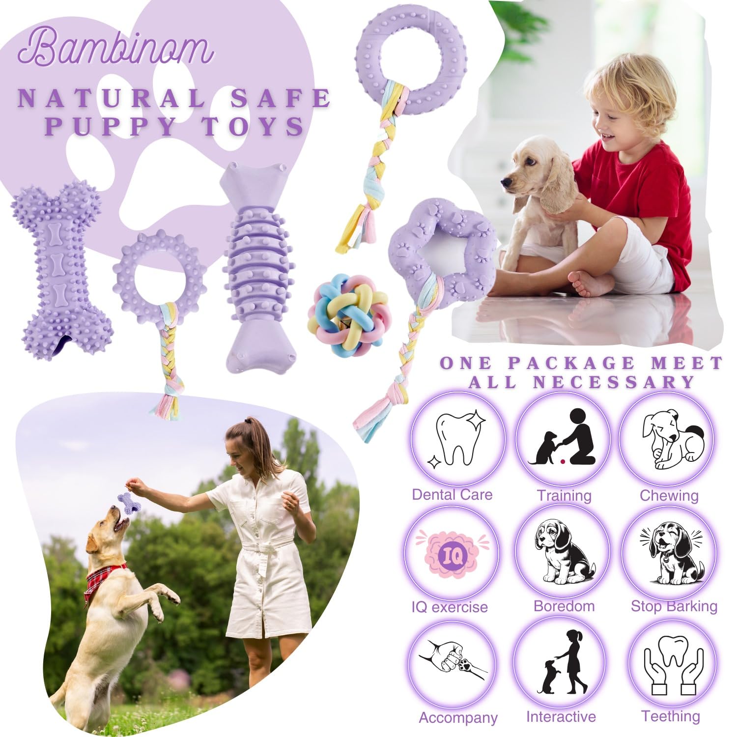 Bambinom Chew Toys, 6 Pcs Soft Rubber Teething Toys For Small Dogs, Eco-Friendly Interactive Dog Toys, Teeth Cleaning, Cute Purp