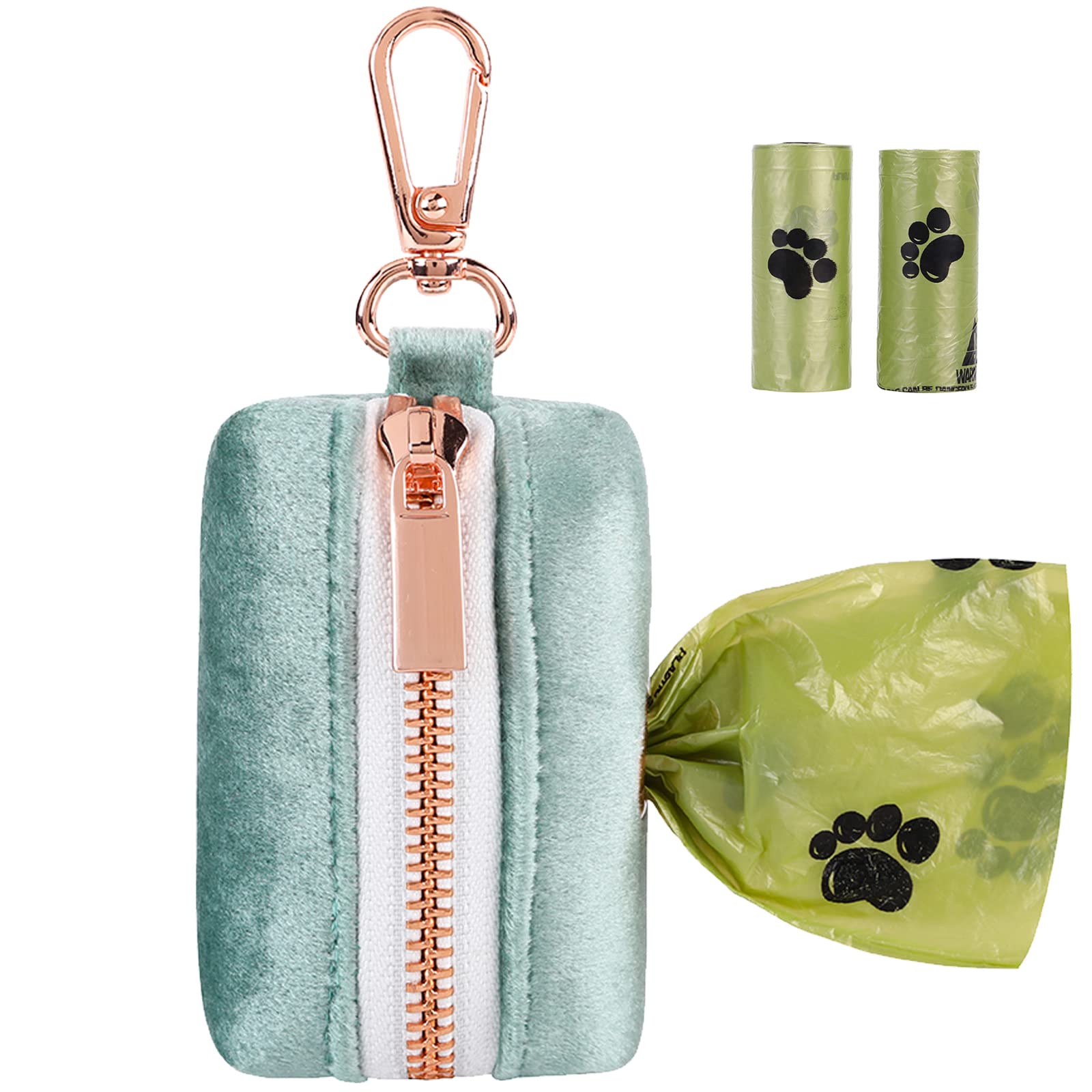 Aring Pet Dog Waste Bag Dispenser, Velvet Green Doggy Poop Bags Holders Attach To Any Leashes, Portable Washable Pet Waste Pouch