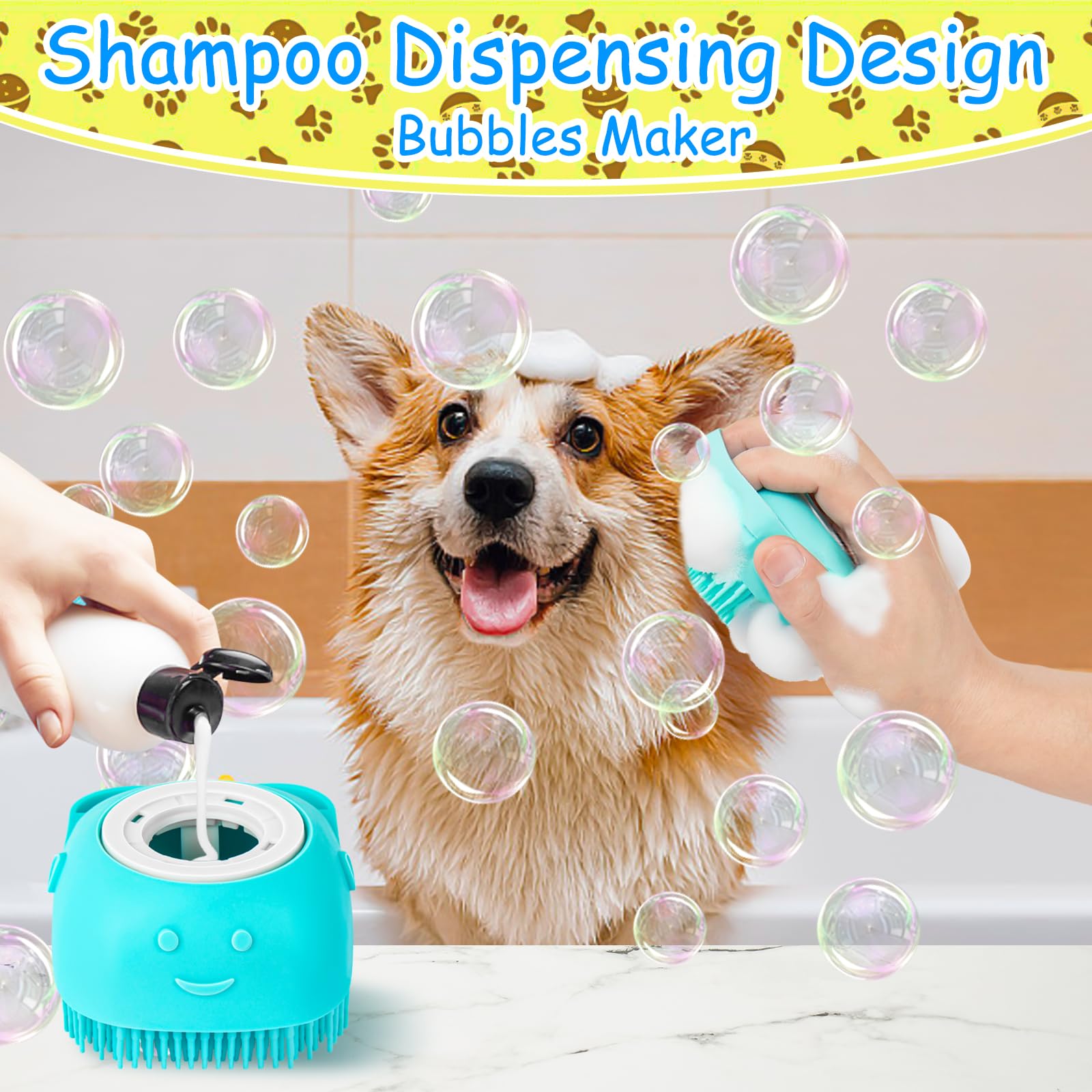 Ponpon 3PCS Dog Bath Brush with 4Pcs Toothbrush, Scrubber and Shampoo Brush with Adjustable Ring Handle, Shower Brush for Long a