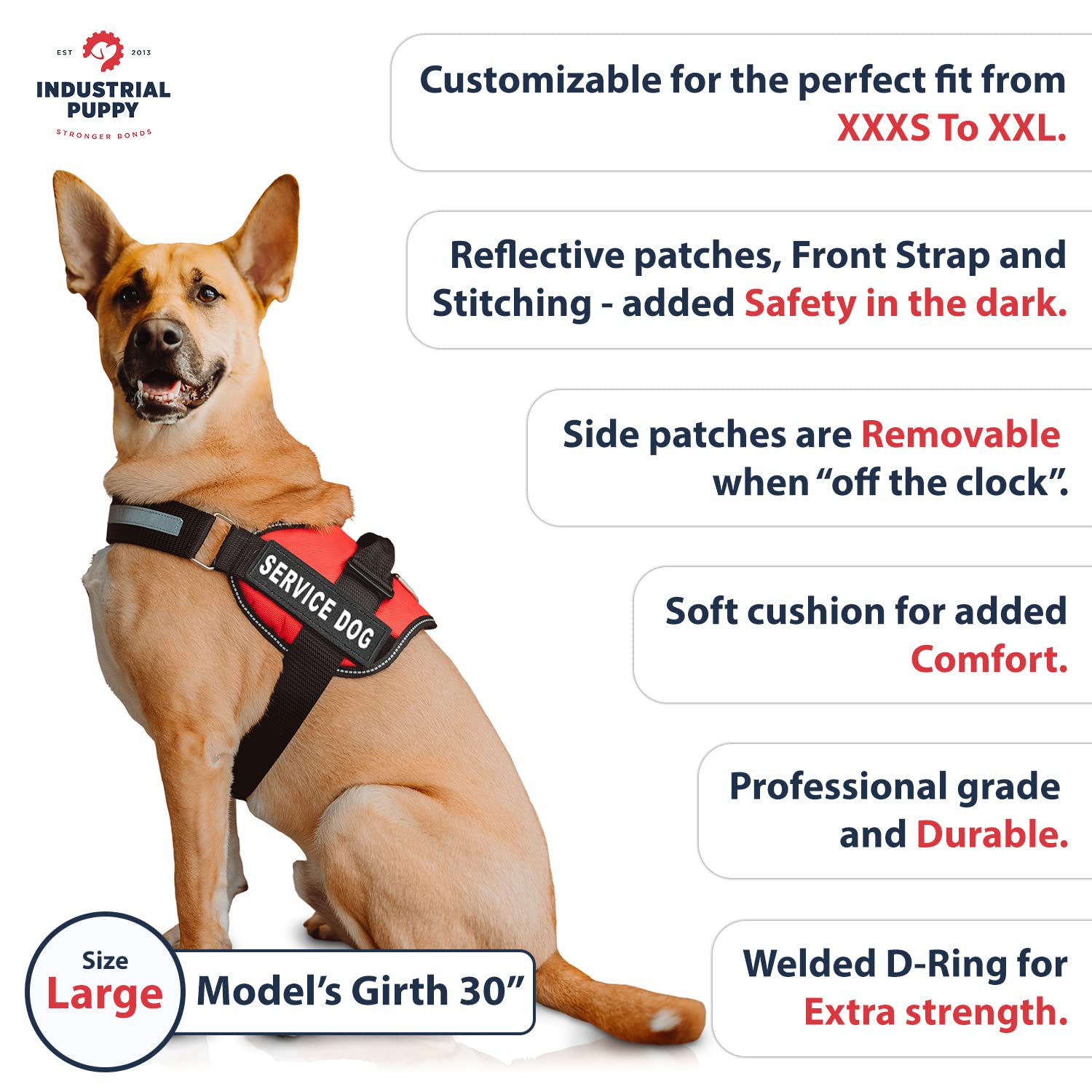 Service Dog Vest With Hook And Loop Straps & Matching Service Dog Leash Set - Harnesses From Xxs To Xxl - Service Dog Harness Features Reflective Patch And Comfortable Mesh Design (Red, Large)