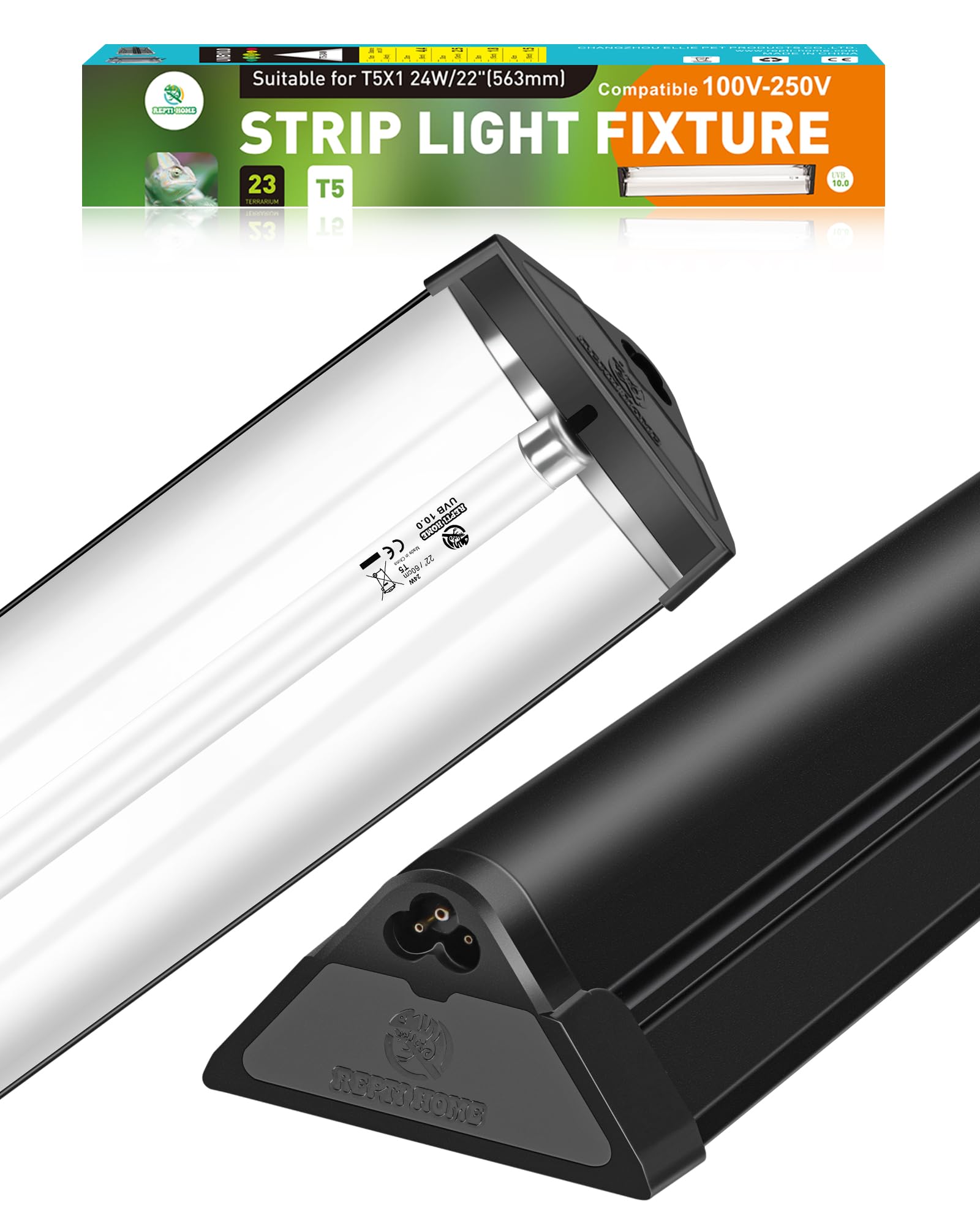 Repti Home T5 Uva Uvb Reptile Light Combo Kit(100V-250V Wide Voltage), Reptile Light Fixture With Uvb 10.0 Fluorescent Tube, 24W