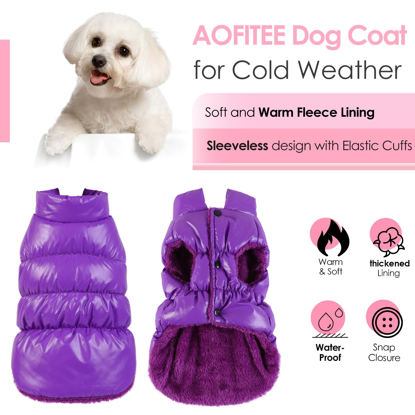 Aofitee Dog Coat, Waterproof Dog Jacket, Winter Dog Coats For Small Dogs, Fleece Dog Snowsuit Warm Dog Puffer Jacket, Cozy Pet Winter Vest, Dog Cold Weather Coats For Small Medium Dogs, Purple, 2Xl