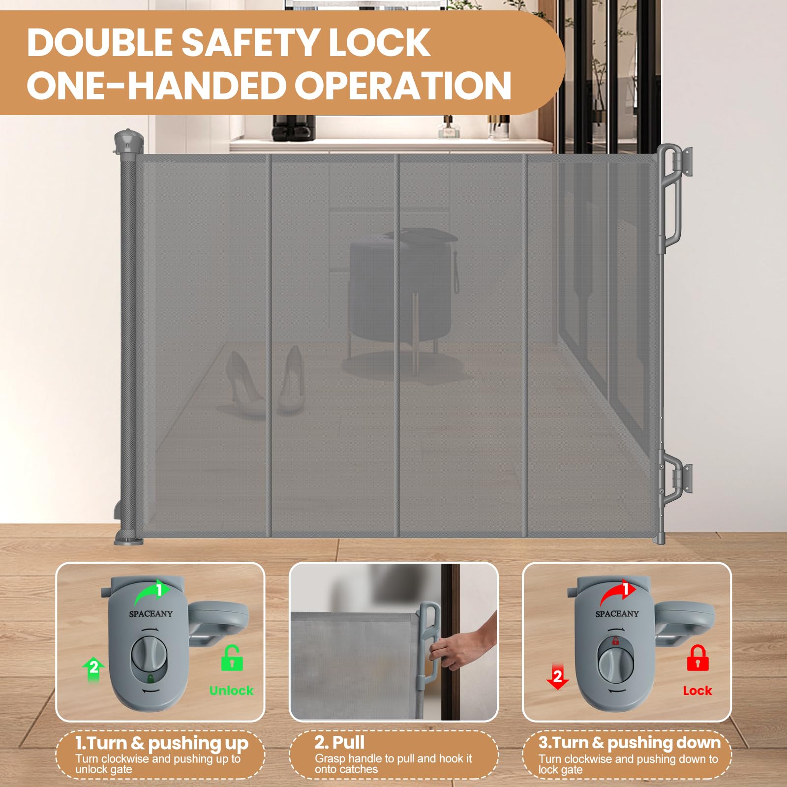 SPACEANY Baby Gate - Reinforced Retractable Safety Gate for Doorways & Stairs, 33.5" Tall, 55" Wide, Gray, Model BG01