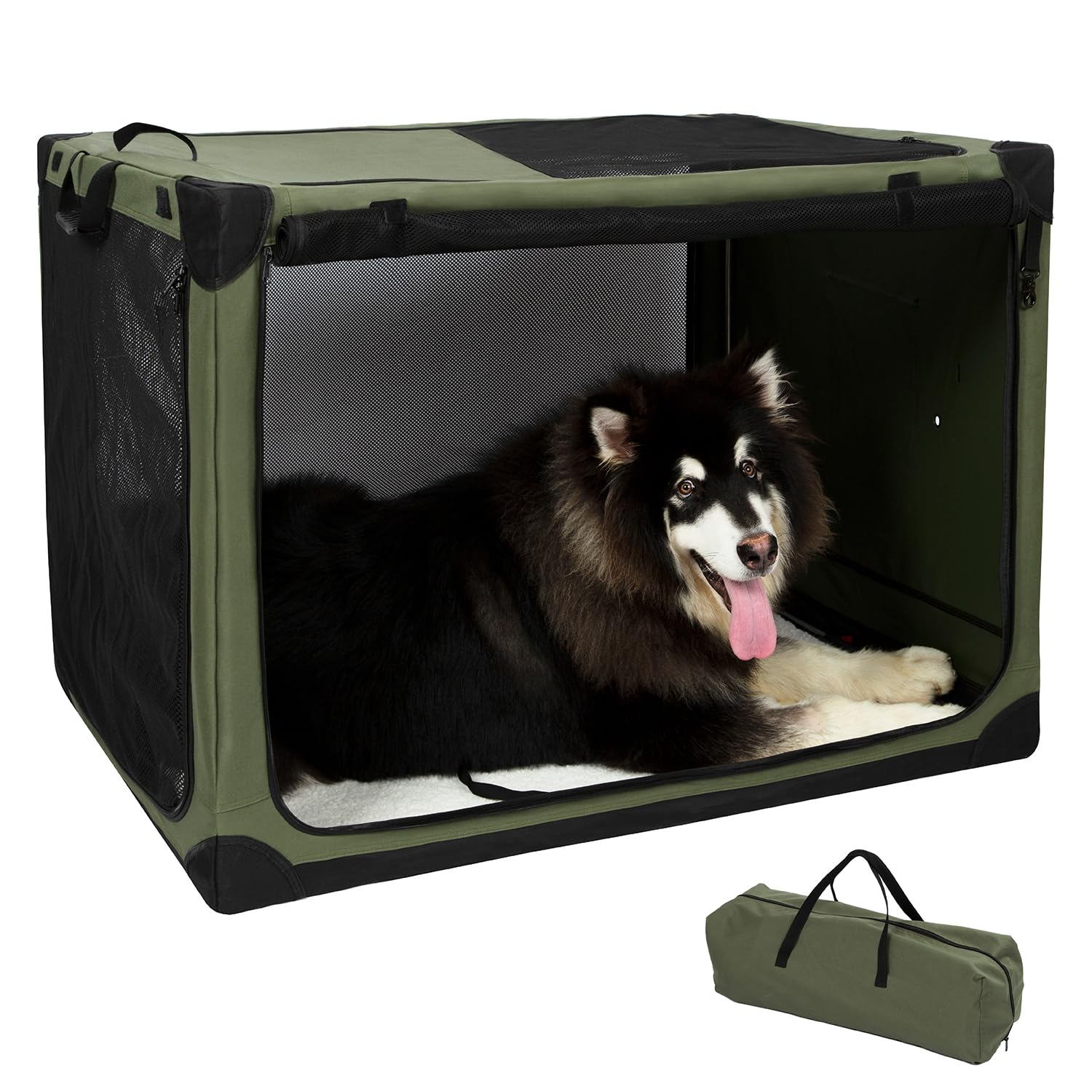 Pettycare 42 Inch Stainless Steel Collapsible Dog Crates For Large Dogs, 4-Door Soft Sided Dog Kennel For Travel, Portable Foldable Pet Crate With Durable Mesh Windows, Indoor & Outdoor, Olive Green