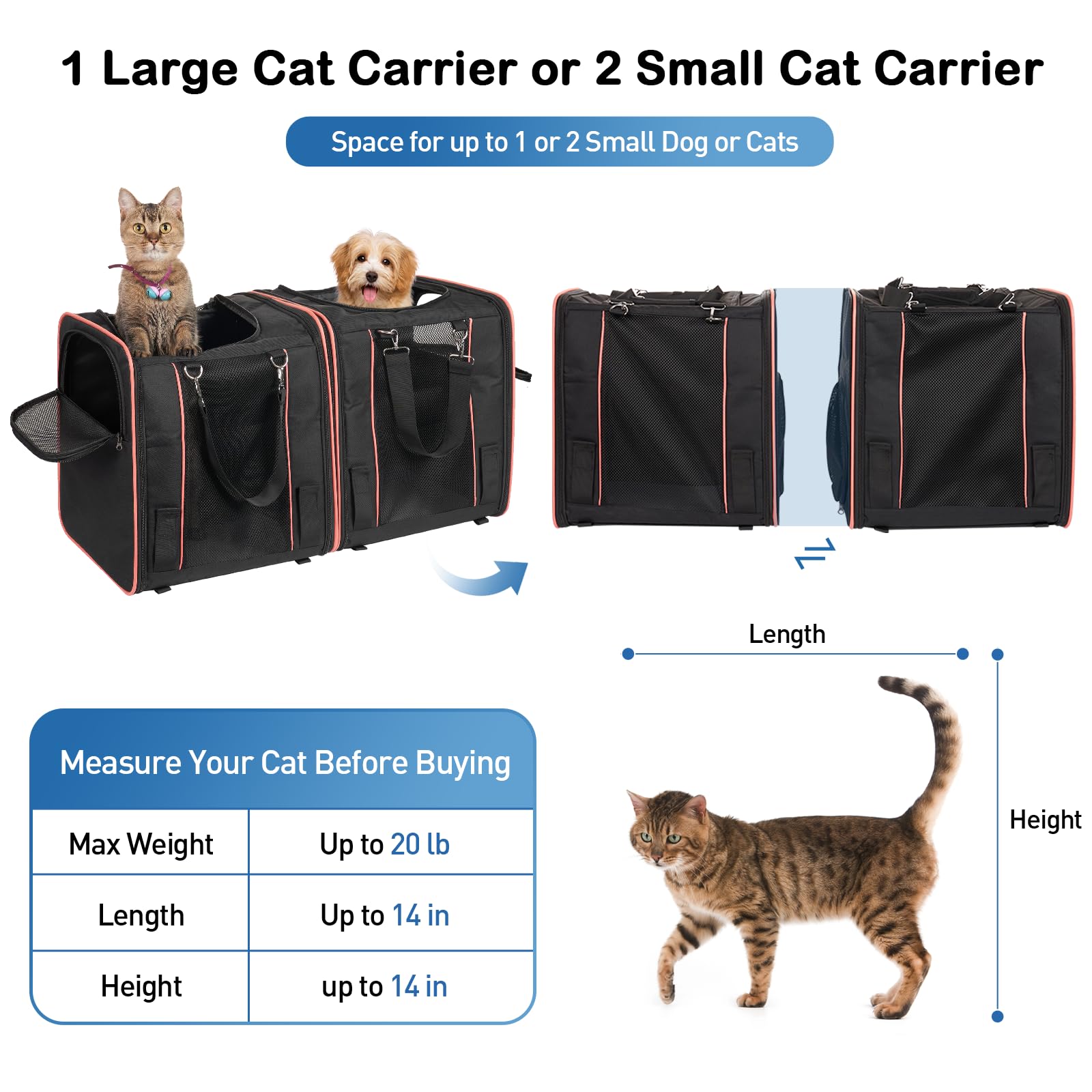 Extra Large Cat Carrier With Litter Box For 2 Cats, Sofe Sided Cat Carrier With Tunnel, Portable Cat Travel Carrier For Cats Sma