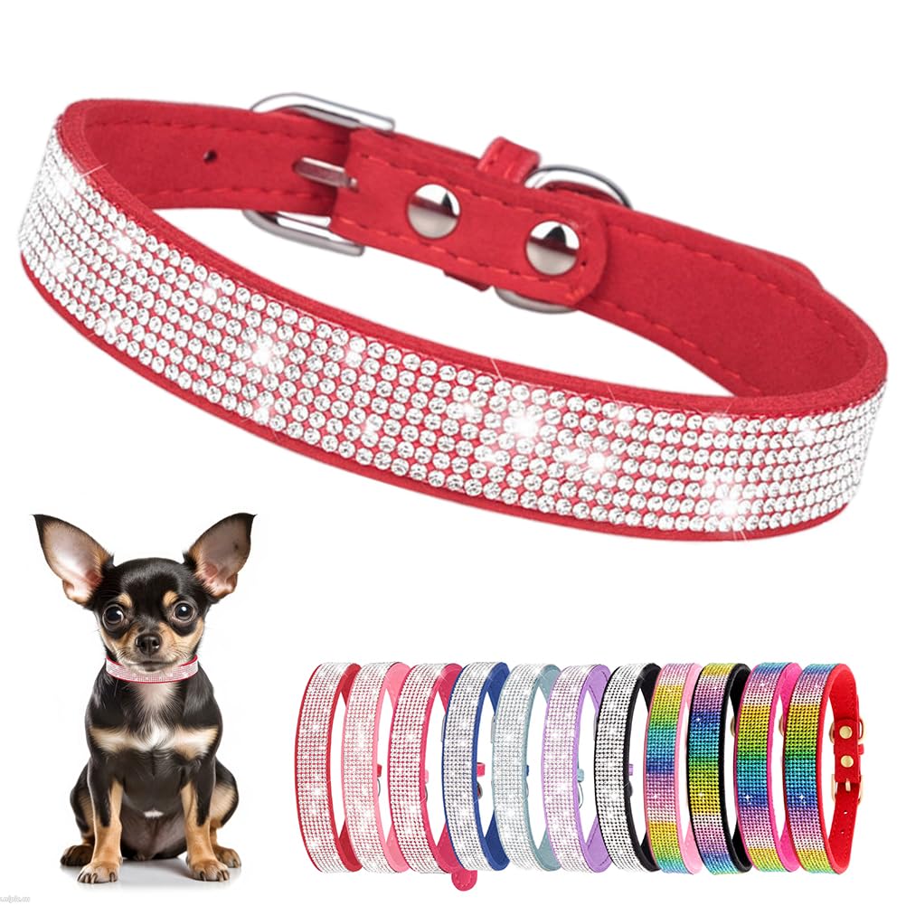 Cute Dog Collar With Bling Rhinestone, Fancy Crystal Diamond Glitter Pretty Jewel Soft Cat Collars For Small Medium Large Breed Dogs Girl Female Pet Puppy Kitten Terrier, Red Xs