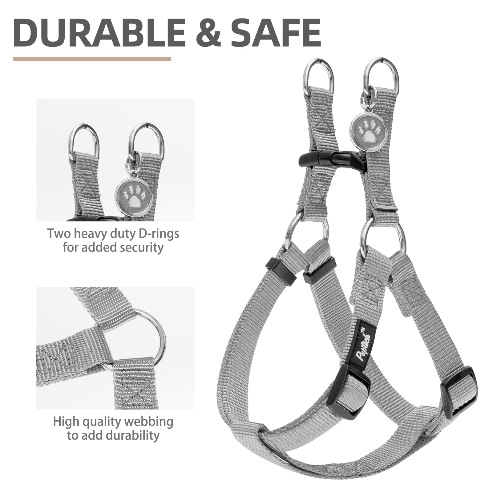 Pupteck No Pull Dog Harness Soft Adjustable Basic Nylon Step In Puppy Vest Outdoor Walking With Id Tag, Grey, M