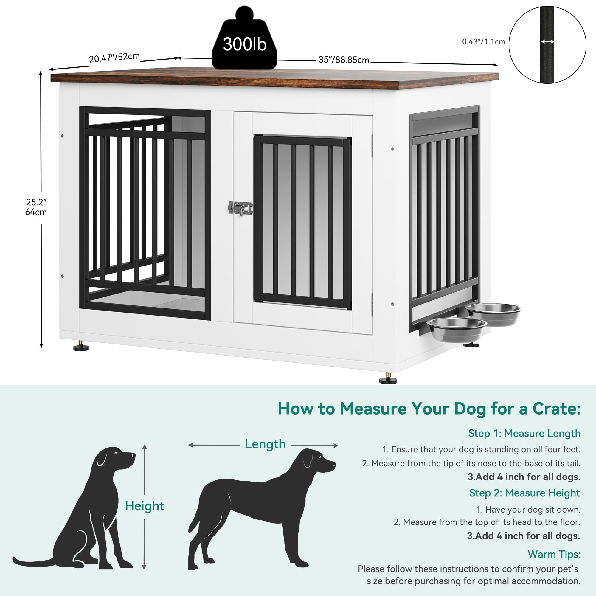 YITAHOME 35" Dog Crate Furniture - White Wooden Side Table with Adjustable Feet & Removable Bowls for Small/Medium Dogs