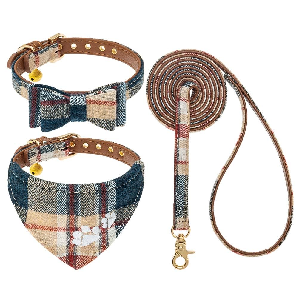Expawlorer Dog Collar And Leash Set - Embroidery Pawprints Plaid Dog Collar And Dog Leash Set, Bow Tie And Bandana Dog Collar Wi