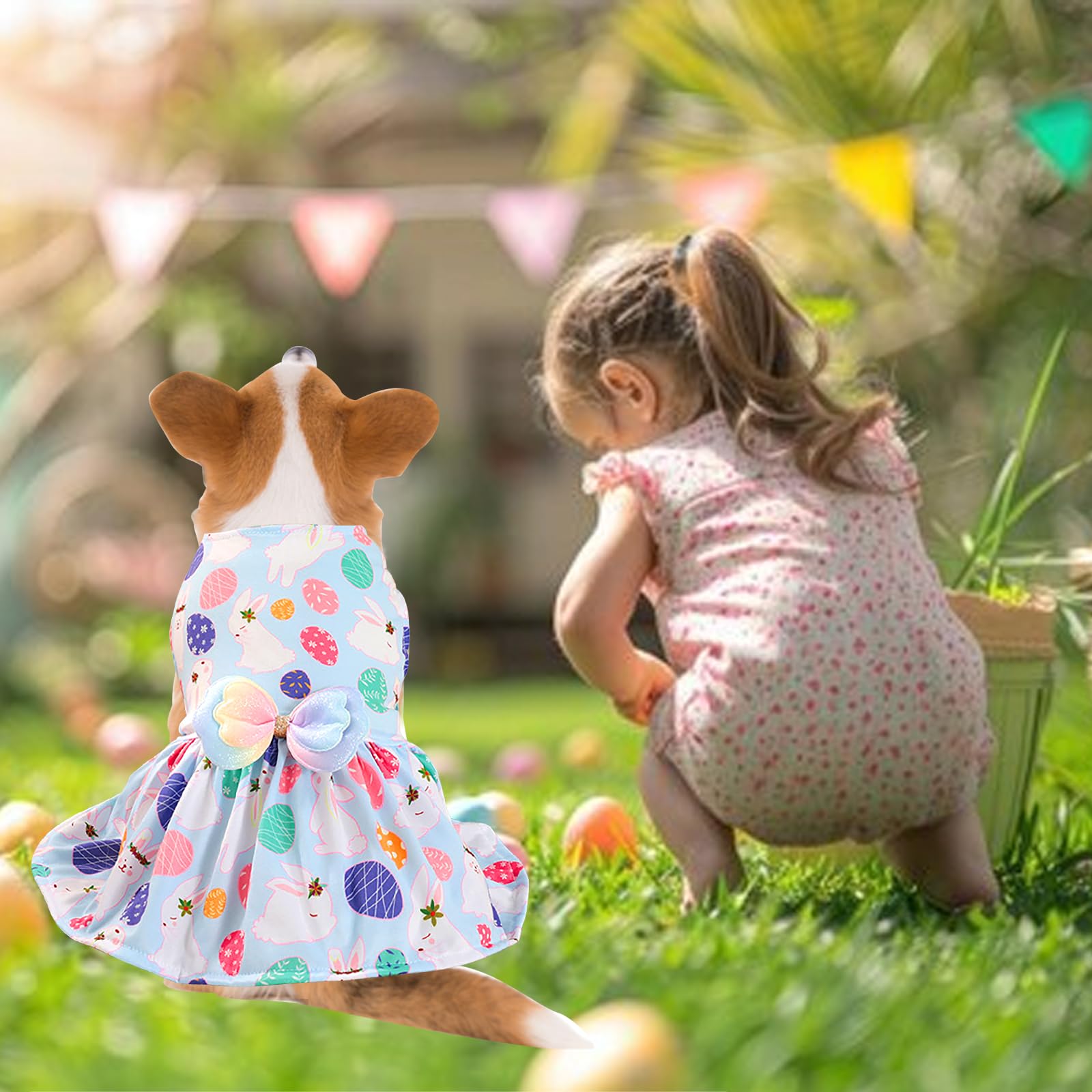 Easter Dog Costume Dress For Pets, Easter Bunny Pet Outfit Dogs Bow Clothes,Light Blue Puppy Skirt, Spring Dog Dress,Size M (17.