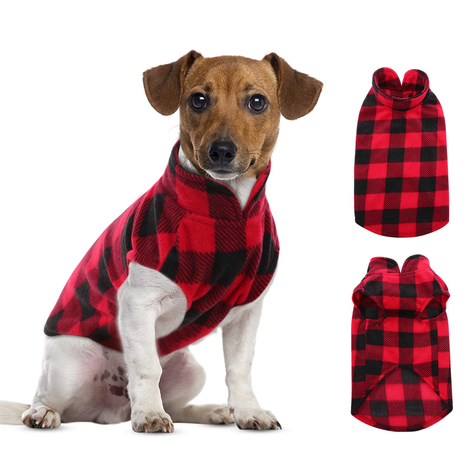 Asenku Plaid Dog Fleece Vest, Soft Comfortable Pet Pajamas, Warm Winter Dog Shirt, Cold Weather Coat Jacket - Red, Xxs