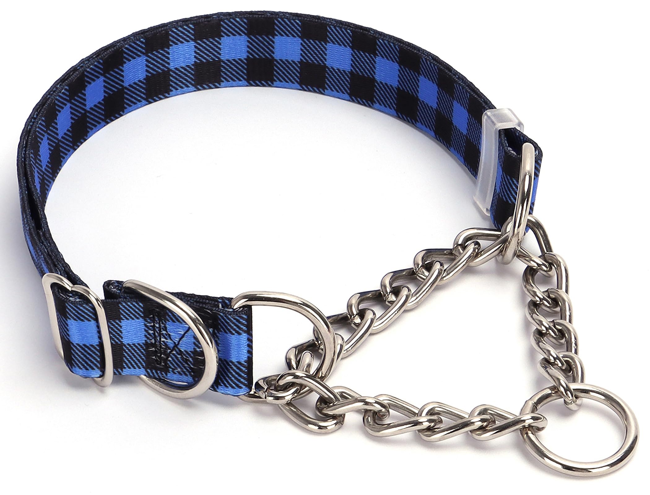 Martingale Collar For Dogs With Nylon & Steel Chain Limited Cinch Design, Blue Buffalo Plaid No Choke Dog Collar, Adjustable No 