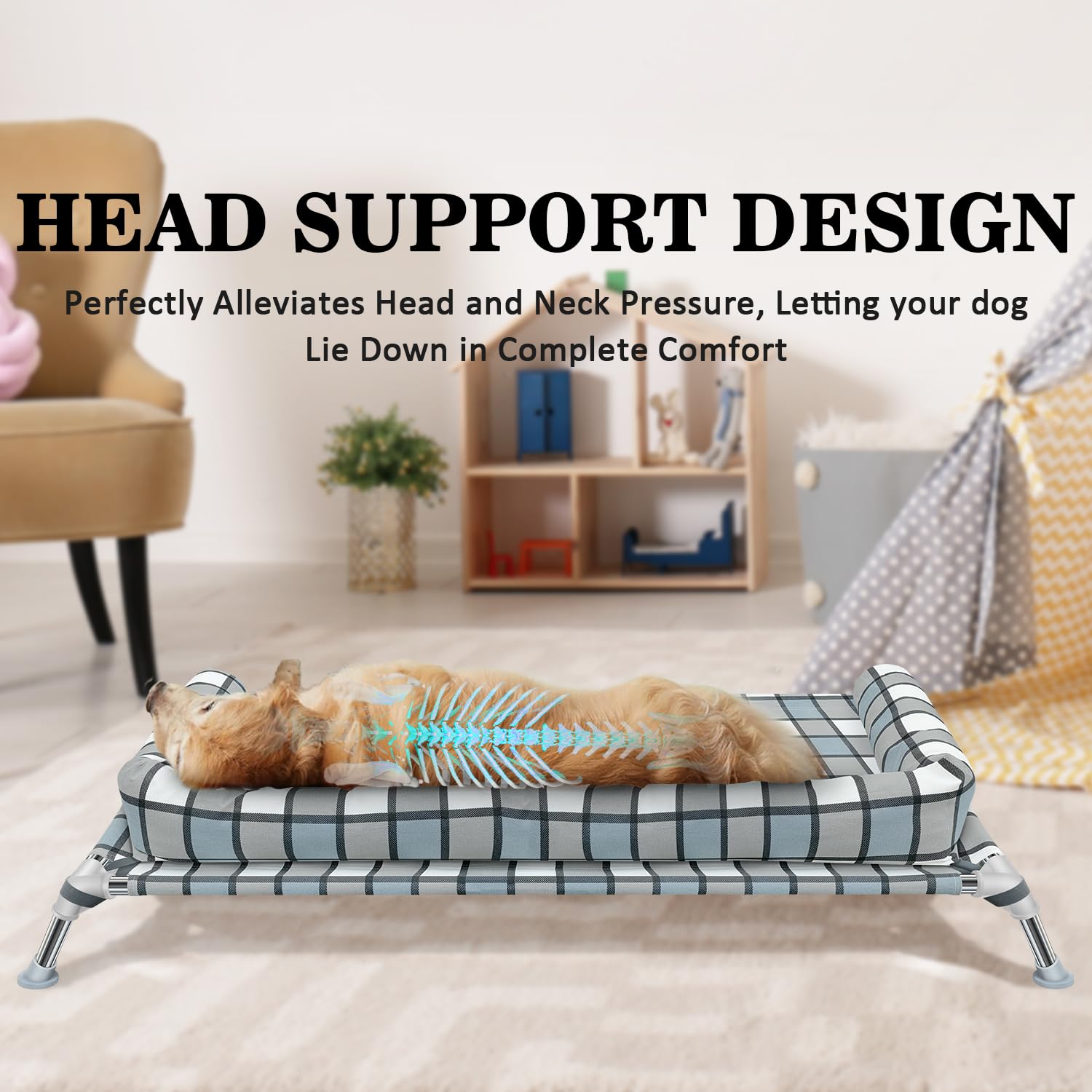 Elevated Dog Cot - Cooling Raised Bed With Pillows, Portable Washable Pet Hammock, Metal Frame For Indoor & Outdoor, Large