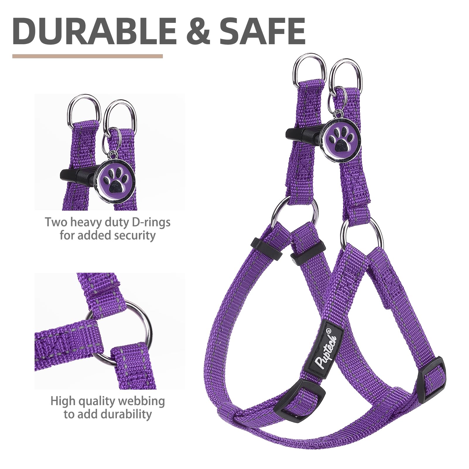Pupteck No Pull Dog Harness Soft Adjustable Basic Nylon Step In Puppy Vest Outdoor Walking With Id Tag, Reflecive Purple, S