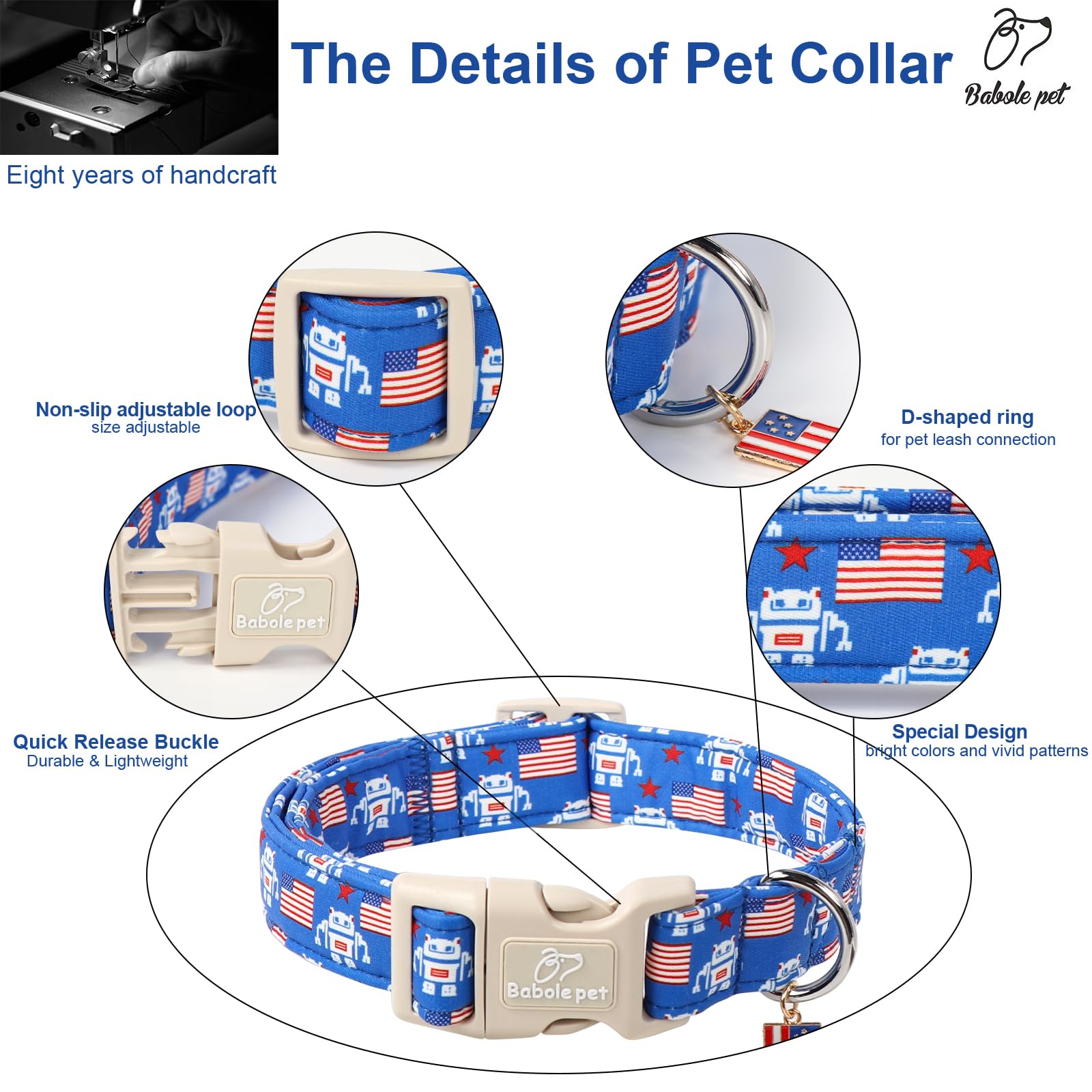 Babole Pet 4Th Of July Dog Collar, Robot Star-Spangled Patriotic Dog Collars For Puppy & Tiny Dogs, Adjustable Lightweight Quick