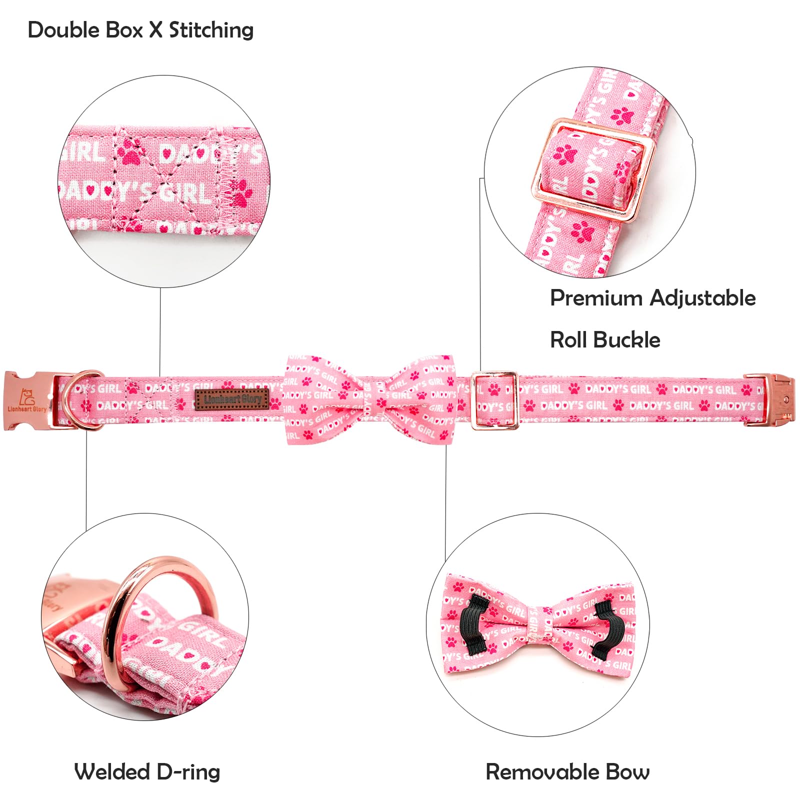 Lionheart Glory Bow Collar For Valentine'S Day And Spring - Large Dog Collar With Bowtie, Pink Pet Collar