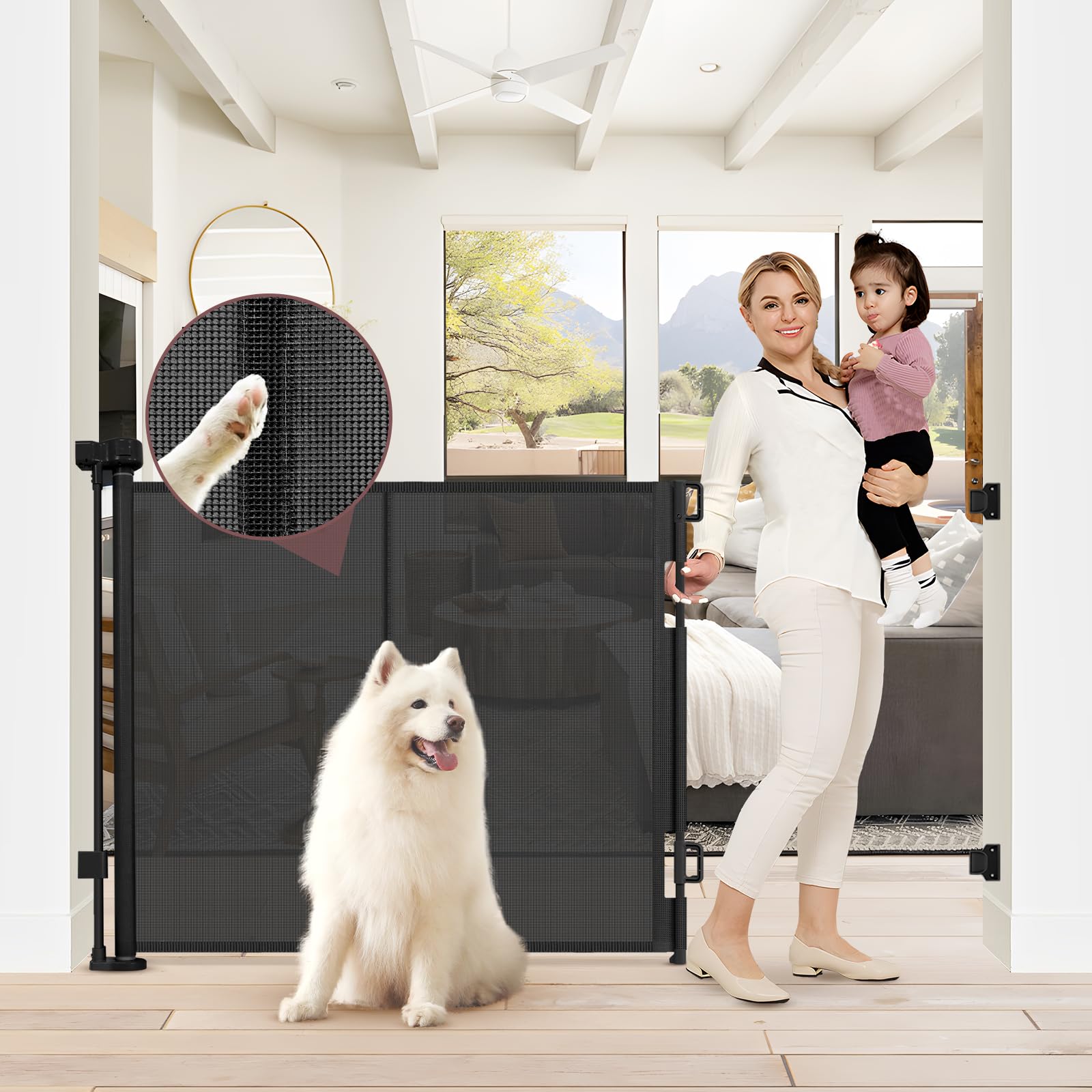 Reinforced 41 Inch Extra Tall Baby Gate 55'' Wide Retractable Dog Gate with Support Rods - Prevents Crawling Under, Indoor Extra