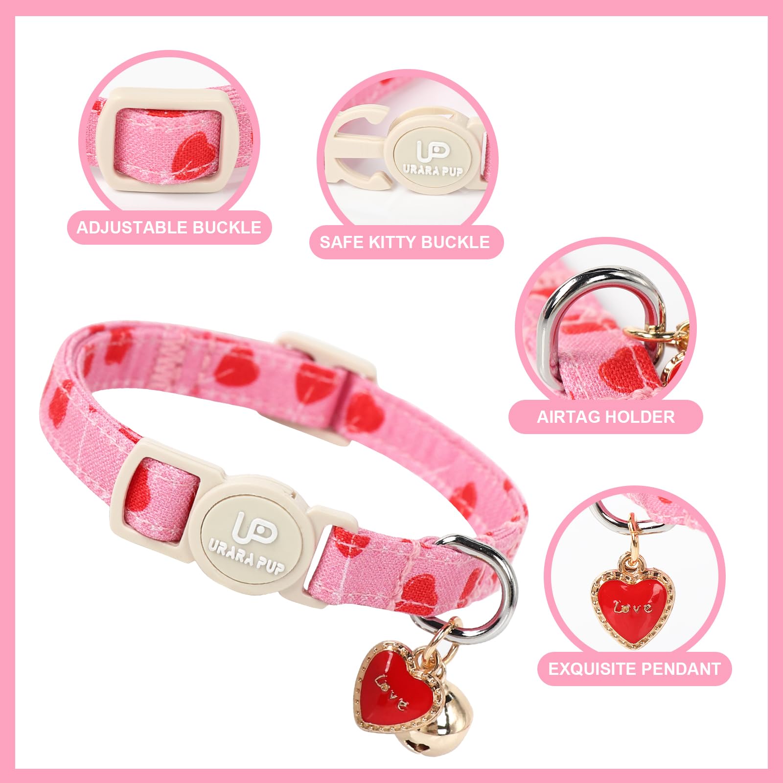 Up Urara Pup Cat Collar, 2 Pack Cat Collars-Cute Breakaway Cat Collar With Bell & Pendant, Valentine'S Day Kitten Collars Pink H