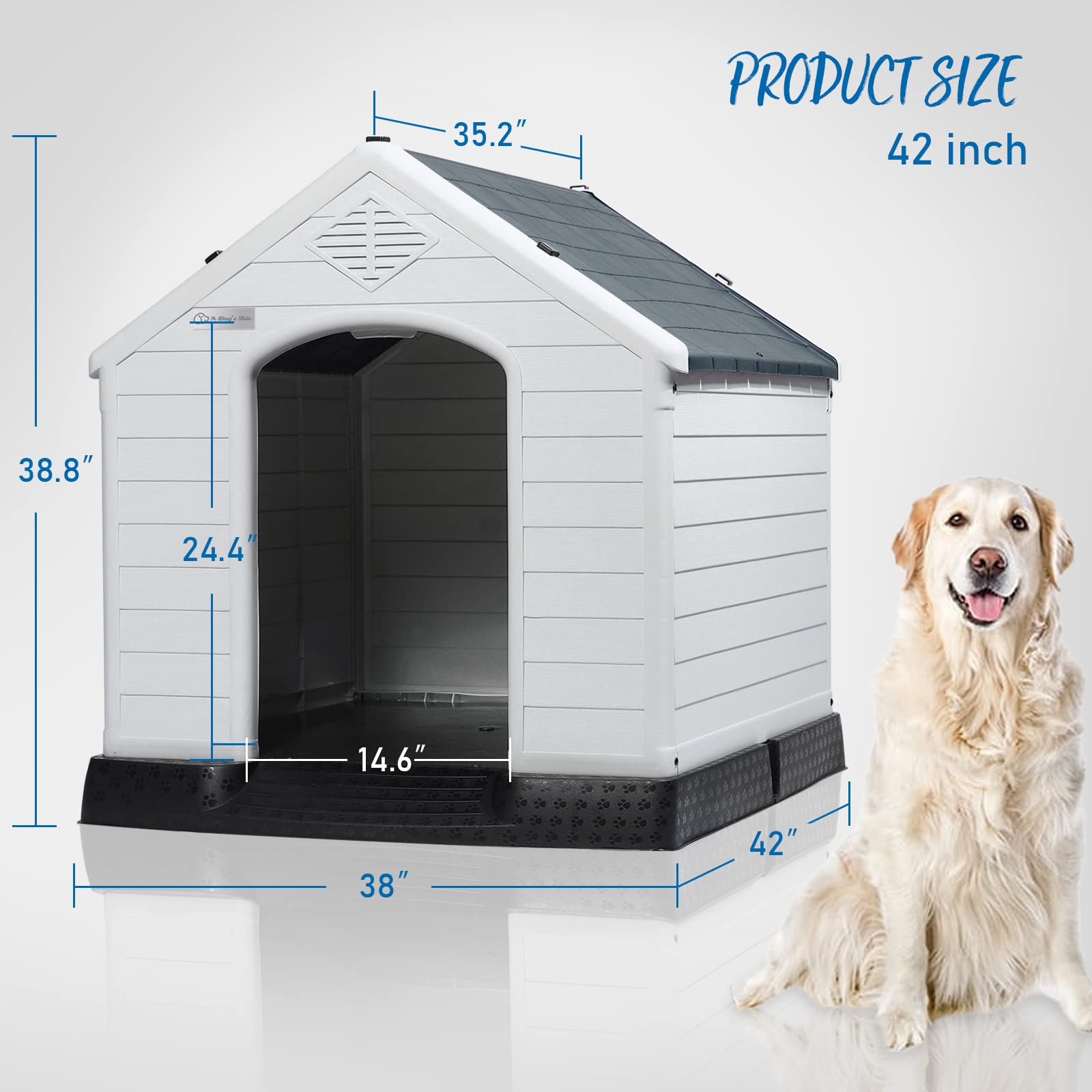 Pukami Durable Plastic Dog House With Elevated Floor And Air Vents For Outdoor Indoor Small Medium Large Dogs,Waterproof Ventilate & Easy Clean And Assemble(Grey, 42Inch)