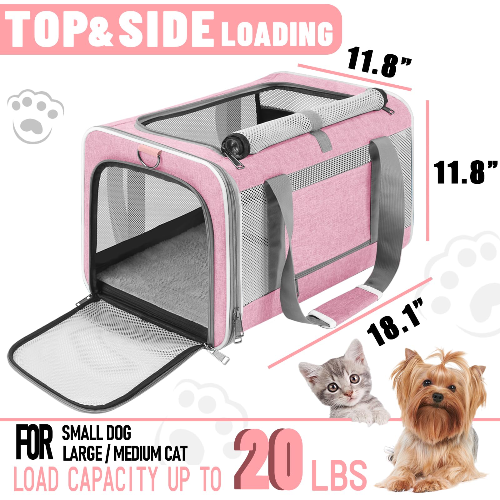 GAPZER Cat Carrier 20lbs Top Open/Soft Sided Small Pet Dog Travel Carrying Crate/Collapsible Puppy Transport Carry Bag/Sturdy Pe