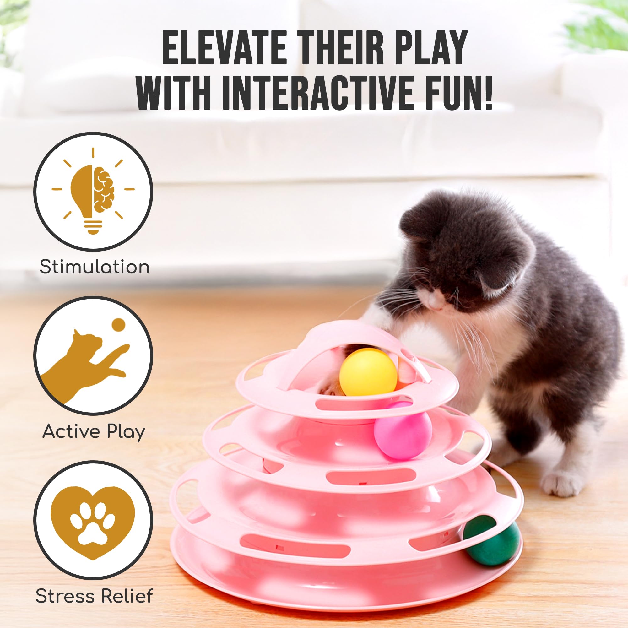 SunGrow Pink Cat Toys for Bored Indoor Adult Cats, 4-Tier Cat Toy Roller, Pet Puzzle Toy, Cat 4 Ball Track with Non-Slip Grip, I