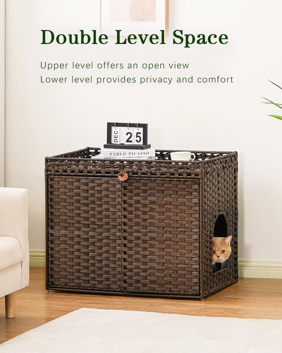 Setvson Cat Litter Box Enclosure Furniture, Handwoven Rattan Hidden Litter Box With Mat, Large Space Cat House With 2 S-Shaped H