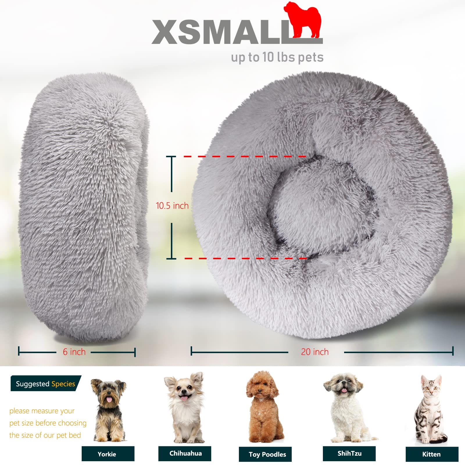 Extra Small Dog Bed Cute Grey Dog Bed Washable 19 inches Donut Fluffy Small Pet Beds,Calming Anti Anxiety Round Fits up to 10 lb