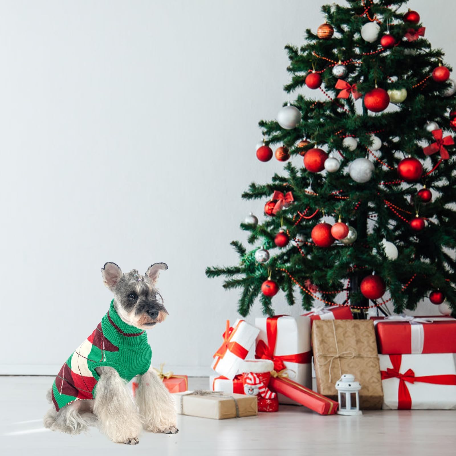 KOOLTAIL Dog Sweater Pet Knitted Clothes-Classic Plaid Pullover Turtleneck Fleece Dog Christmas Sweaters with Leash Hole, Thick