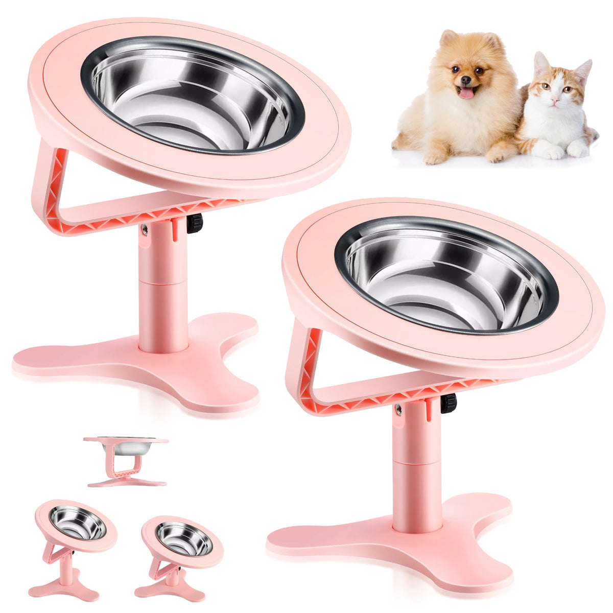Elevated Cat Bowls Adjustable Stand,Non-Slip Stainless Steel Raised Cat Bowls With 15Tilted Stand For Cats And Puppy Pink-2 Pack