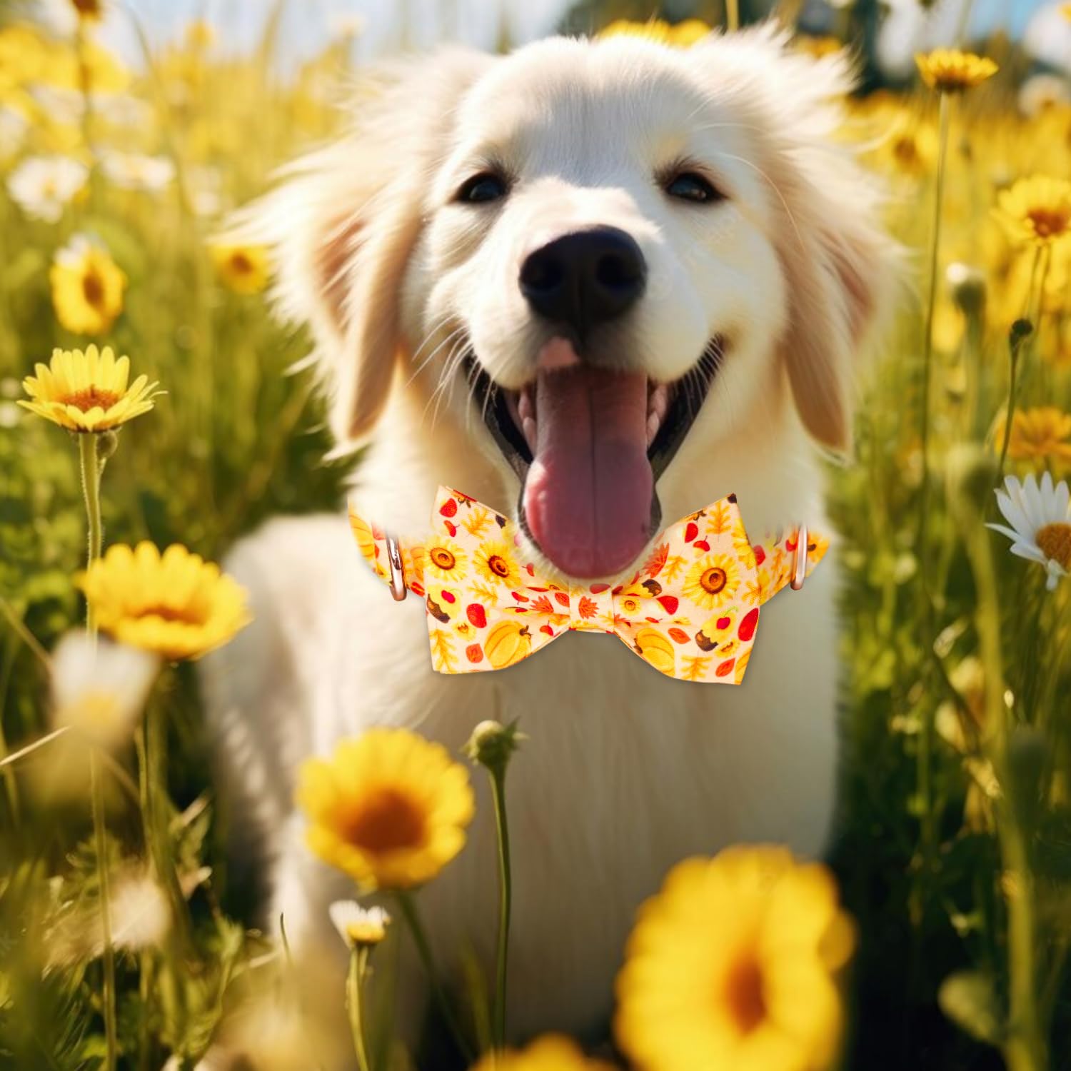 Tunkoo Sunflower Dog Collar With Elegant Bow Tie - Ajustable Orange Puppy Collar Floral Pattern Stylish And Charming Fall Pet Ac