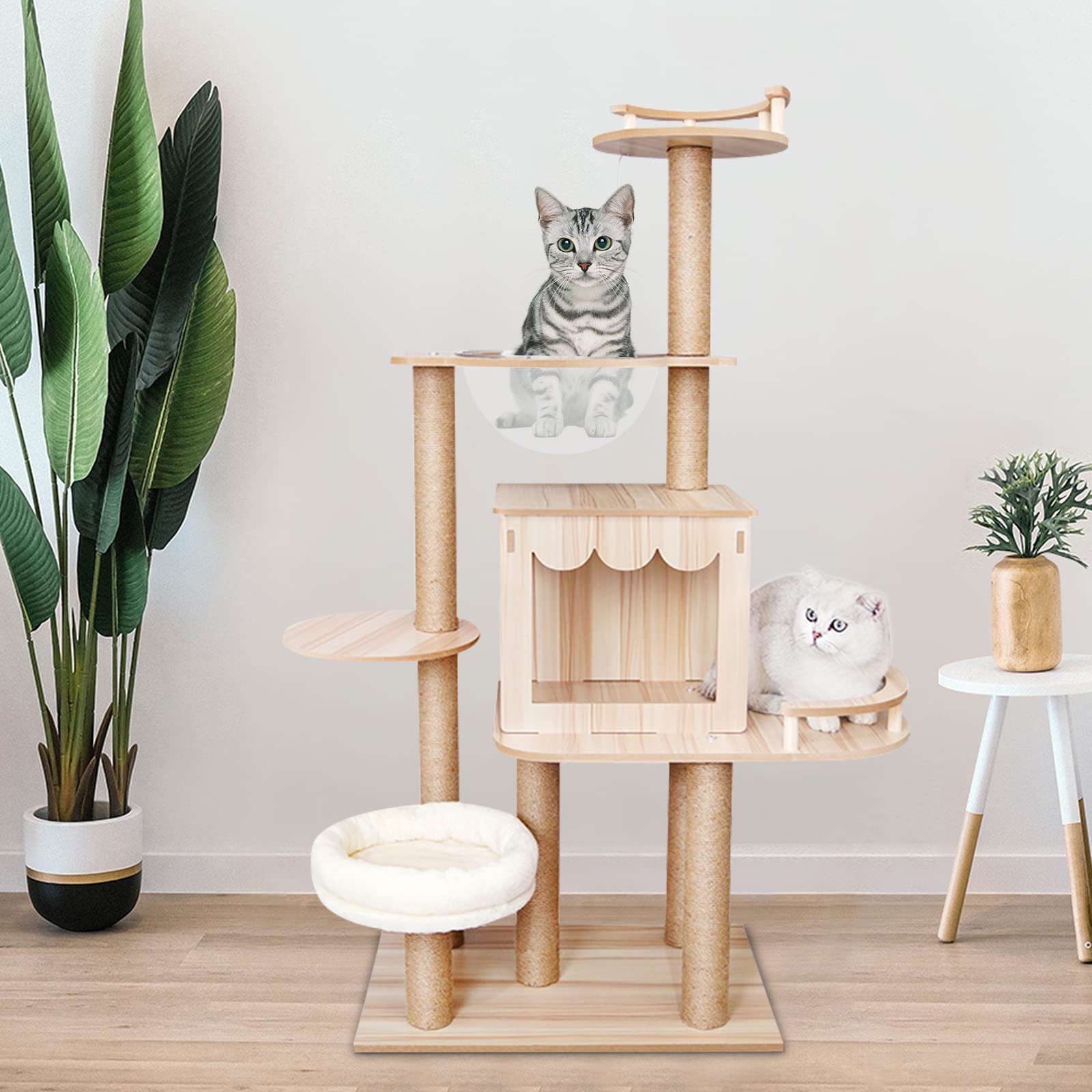 Cat Tree Furniture 17.7X15.7X47.2 Inch Yellowish Multi-Level Cat Tower With 4 Jumping Boards Resting Platform And A Cute Toy On