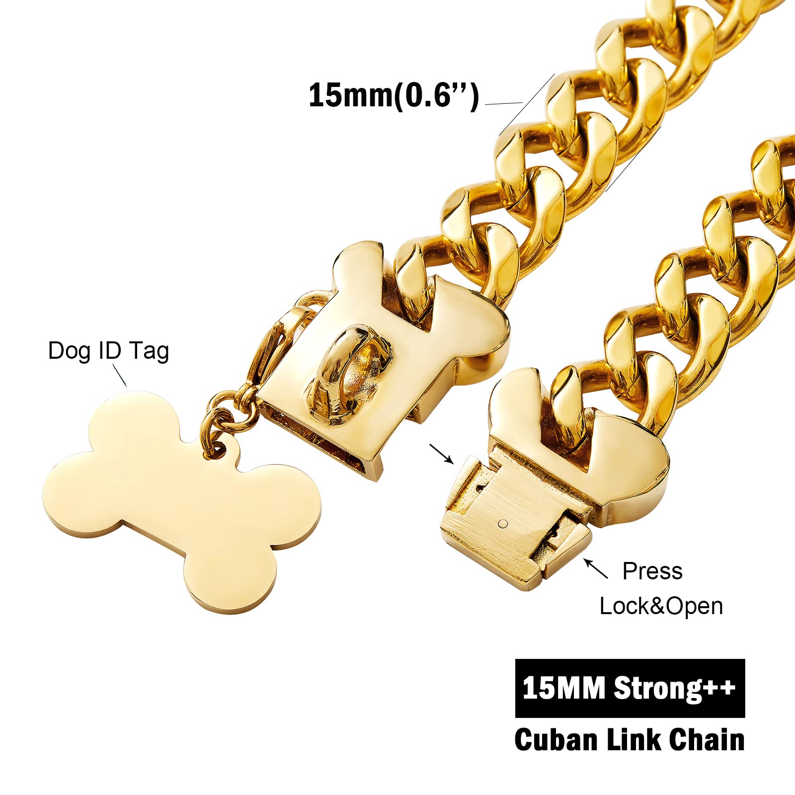 3/5 Inches Width Strong Stainless Steel Gold Dog Chain Collar,18K Cuban Link Dog Necklace Collar,Metal Walking Collar for Small