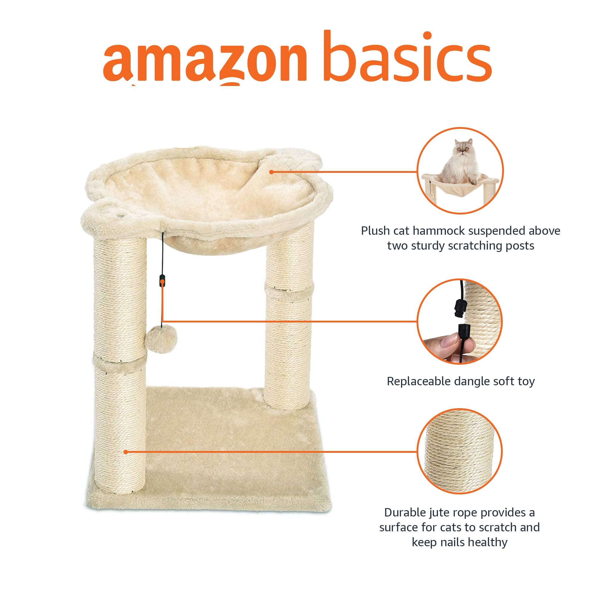 Amazon Basics Cat Tower - Indoor Cat & Kittens Hammock Tower With Scratching Posts And Dangling Ball, (19.7''H) - Beige