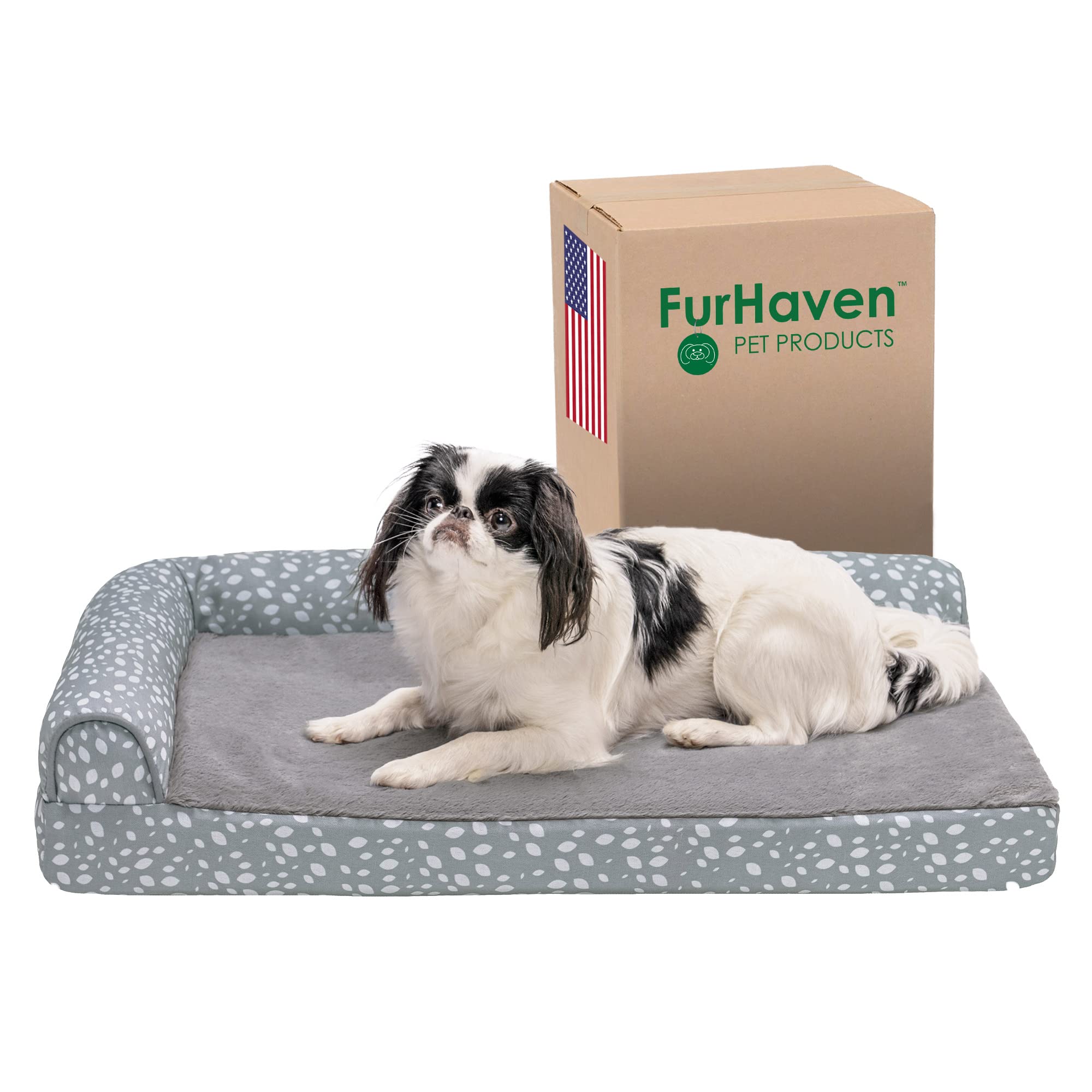 Furhaven Orthopedic Dog Bed For Medium/Small Dogs W/ Removable Bolsters & Washable Cover, For Dogs Up To 35 Lbs - Plush & Almond Print L Shaped Chaise - Gray Almonds, Medium