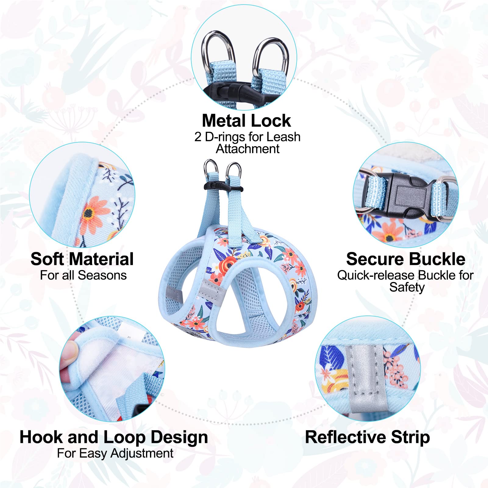 Beautyzoo Step In Dog Harness And Leash Set,Floral Pattern Reflective Dog Harness No Pull No Choke Puppy Harness For Small Mediu